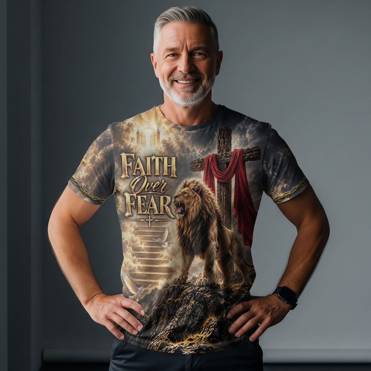 Heavenly Faith Over Fear Lion Dove Christian Graphic Apparel Shirt Top Garment Outfit
