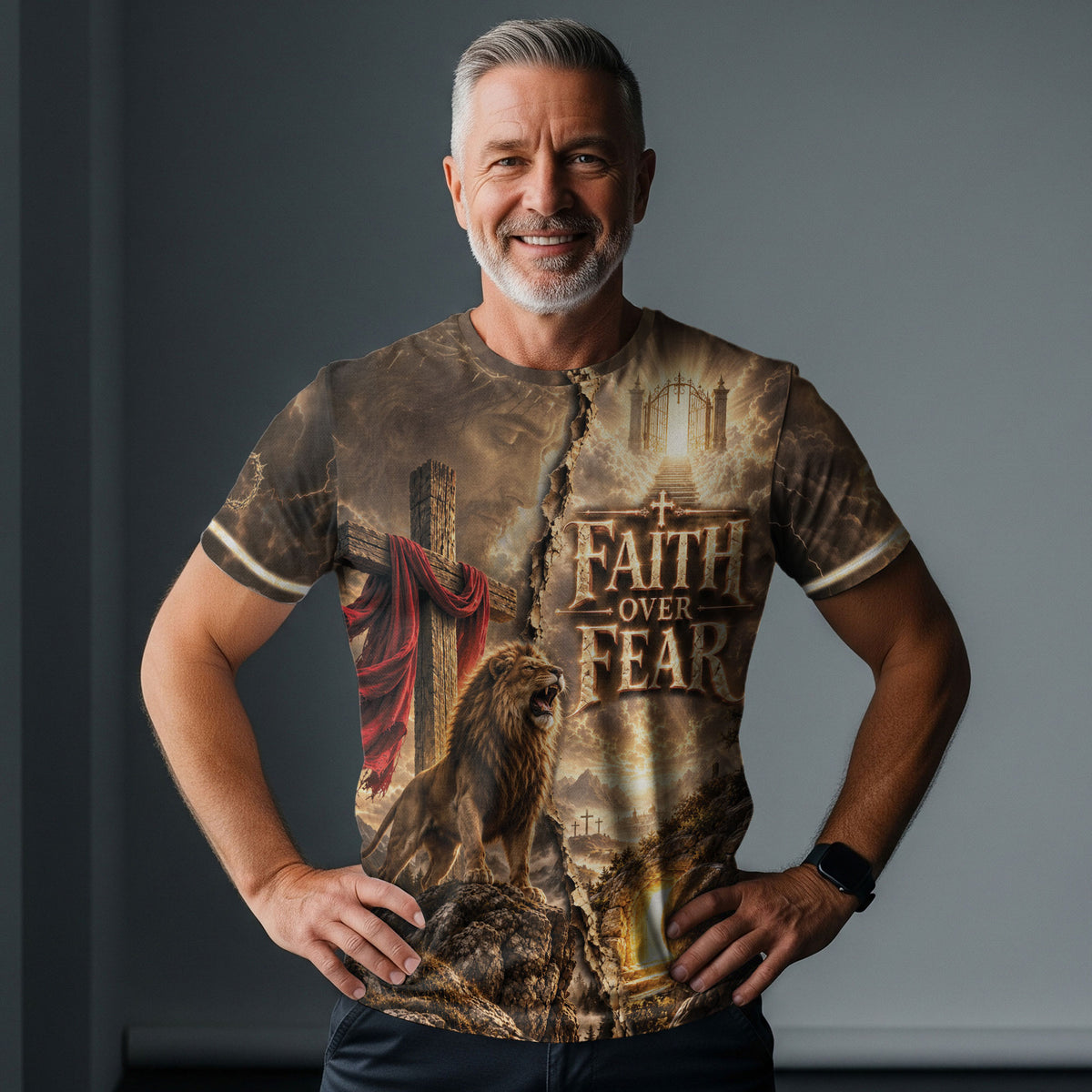 Divided Faith Over Fear Lion Cross Christian Graphic Apparel Shirt Top Garment Outfit