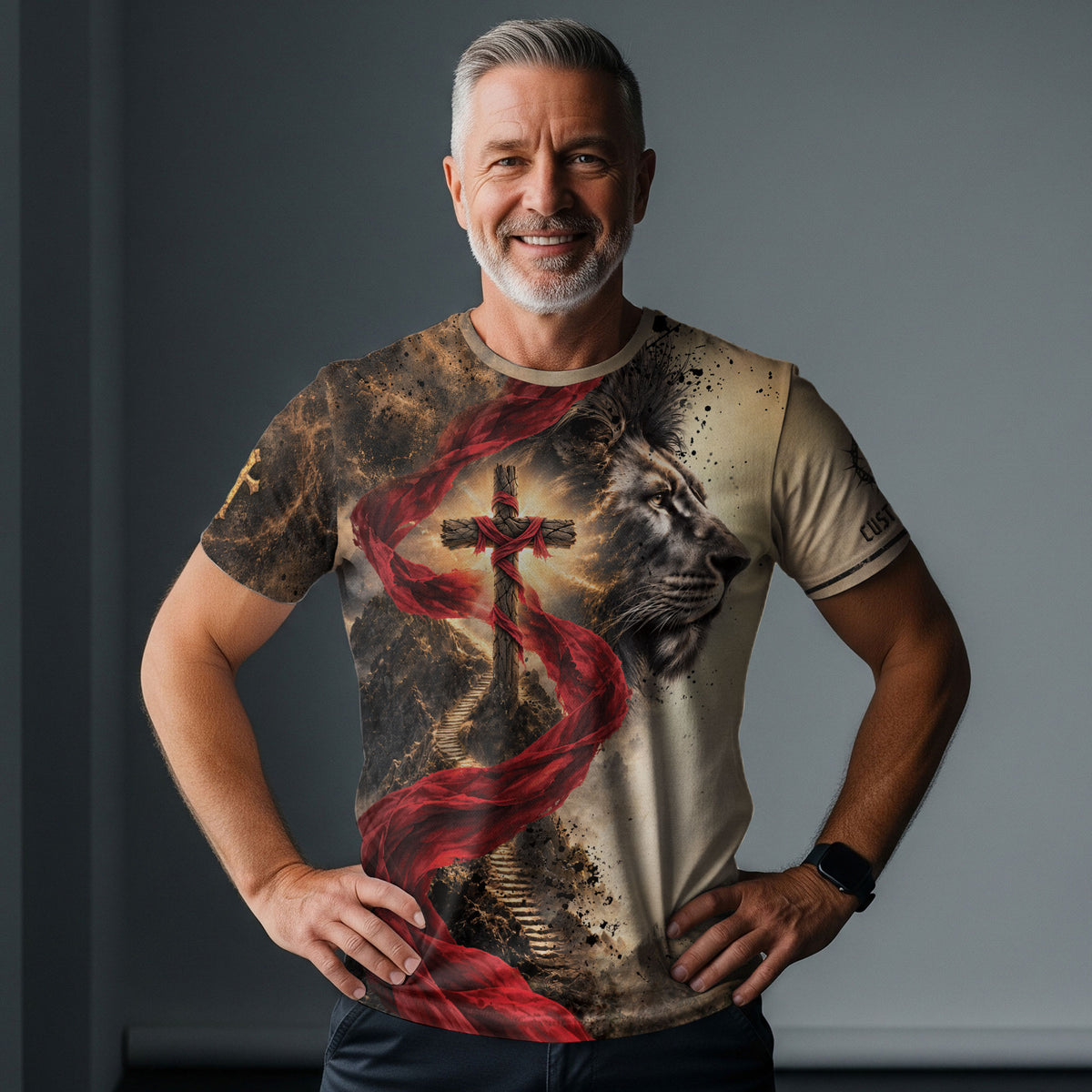 Christian T Shirt Faith Over Fear Lion Cross Personalized Name 3D Graphic Tee Gift - Rust Field Wear