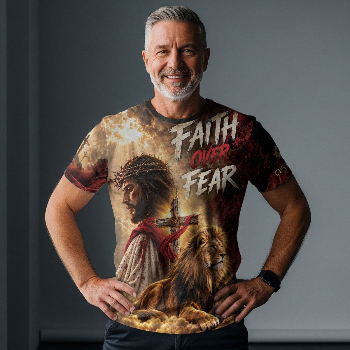 Christian T Shirt Faith Over Fear Jesus Lion Cross Crown Of Thorns Custom Name 3D Tee - Rust Field Wear