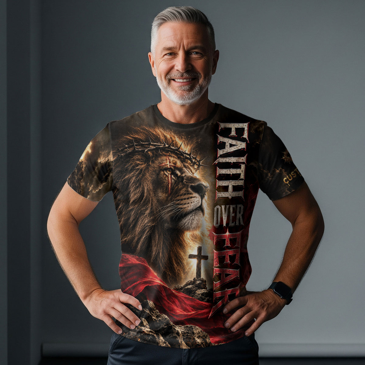Christian T-Shirt Faith Over Fear Lion Crown Of Thorns Custom Name 3D All Over Print - Rust Field Wear