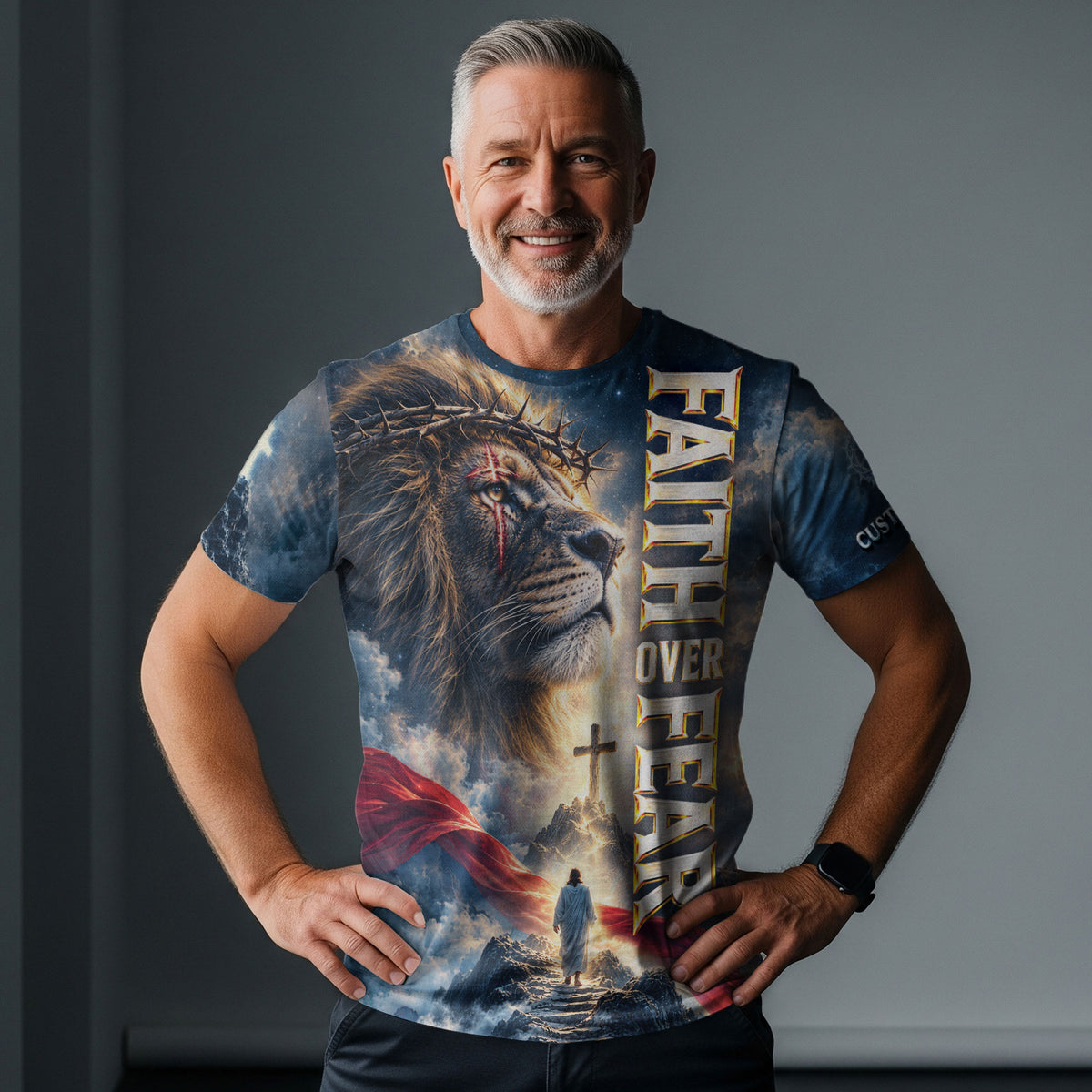 Christian T-Shirt Faith Over Fear Jesus Lion Crown Of Thorns Custom Name 3D All Over Print - Rust Field Wear