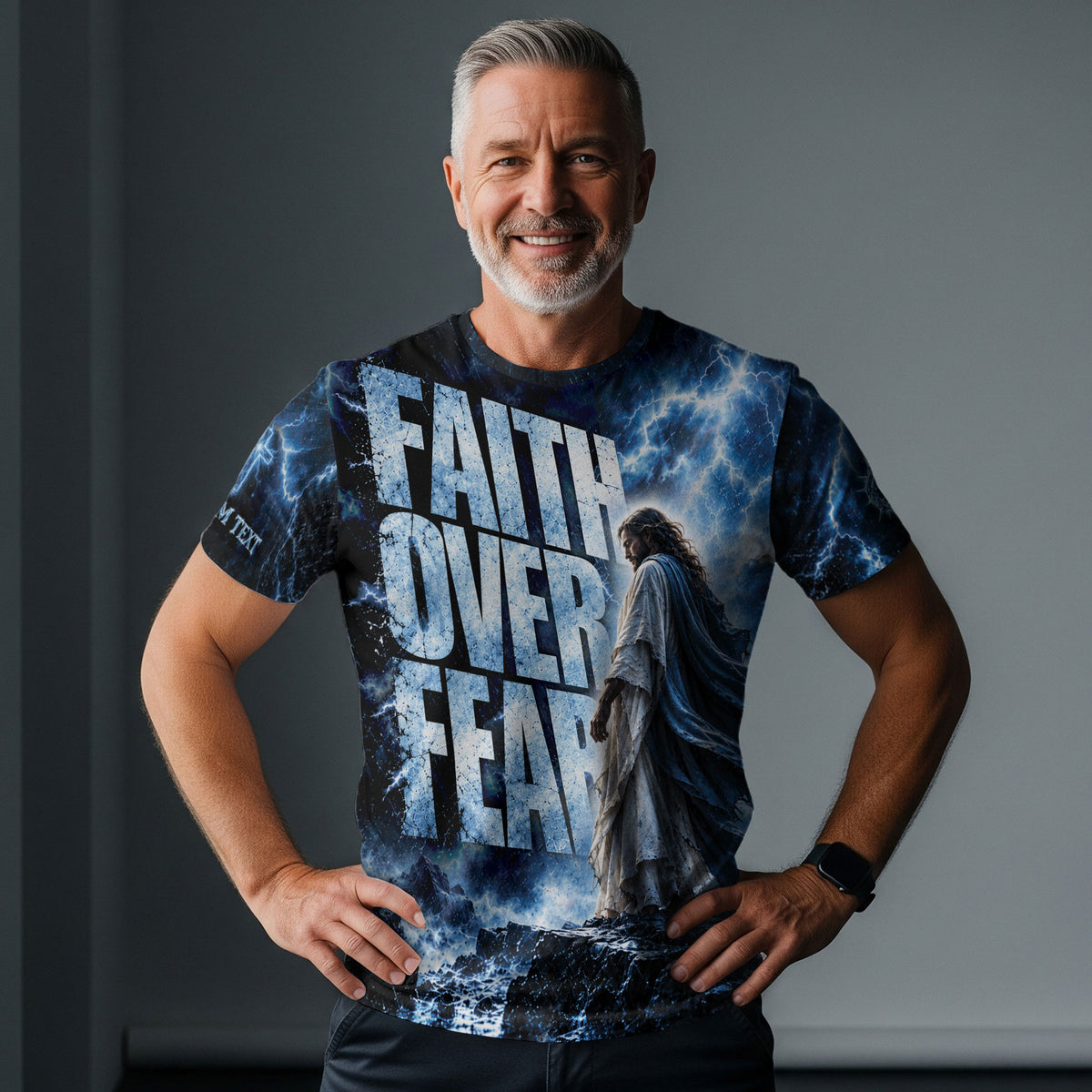 Christian T-Shirt Faith Over Fear Blue Lightning Jesus Lion Custom Name 3D All Over Print - Rust Field Wear