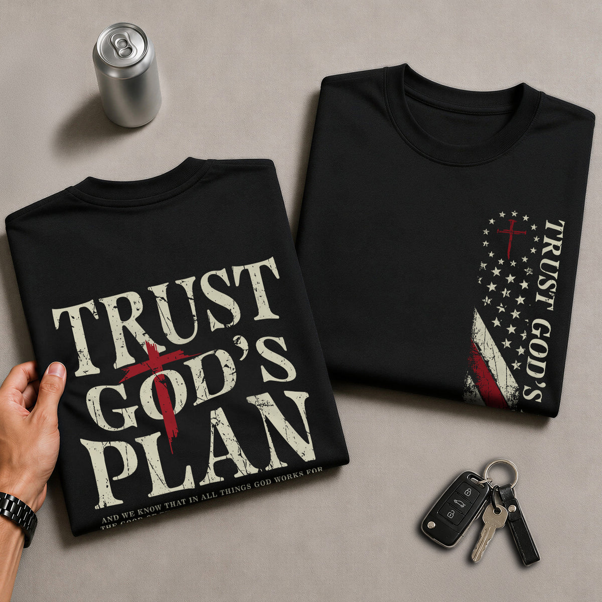 Trust Gods Plan Christian Bible Verse Cross American Flag Mens Graphic T Shirt Apparel - Rust Field Wear