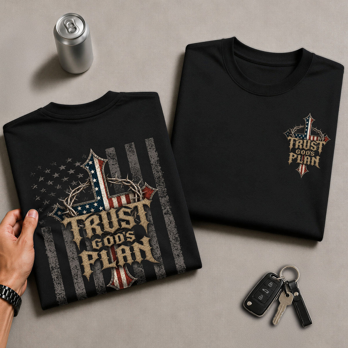 Trust Gods Plan Crown Of Thorns Cross American Flag Mens Graphic T Shirt Clothing - Rust Field Wear