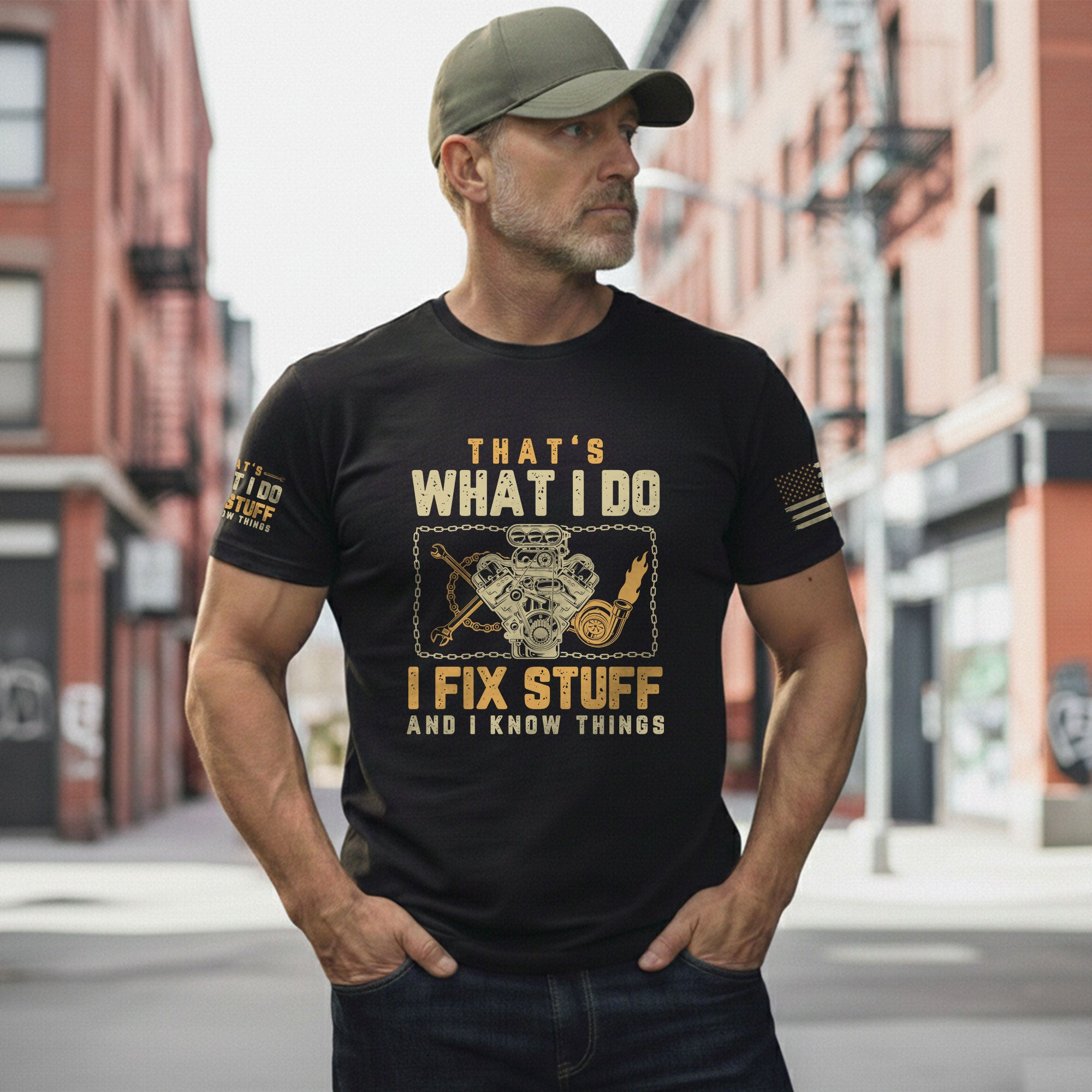 Turbo Mechanic Quote Men T-Shirt I Fix Stuff And I Know Things Graphic Engine Tee