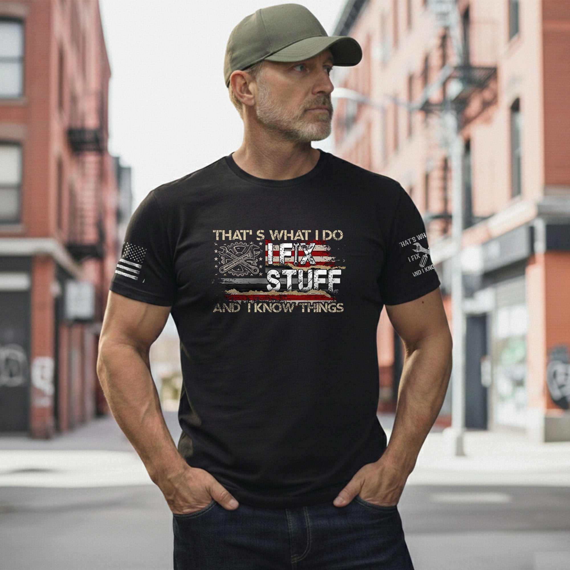 Men Gear Wrench Graphic T-Shirt I Fix Stuff And I Know Things Flag Quote Tee