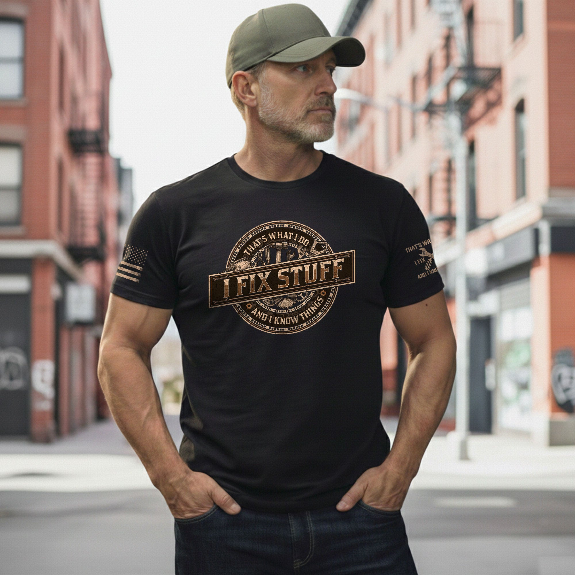 Men Graphic Mechanical Emblem T-Shirt I Fix Stuff And I Know Things Drill Quote Tee