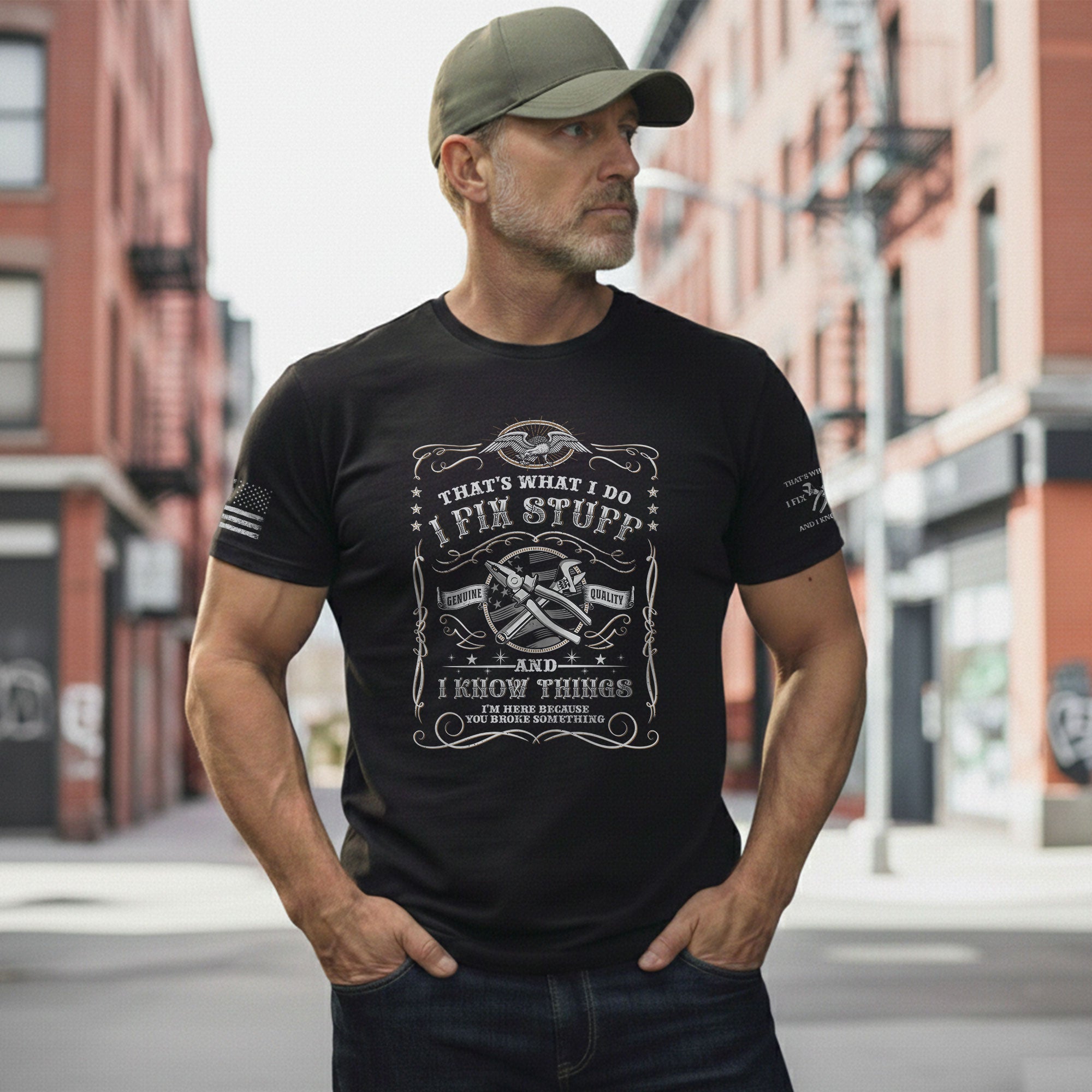 Men I Fix Stuff And I Know Things Vintage Label Quote T-Shirt Graphic 2D Tee Shirt