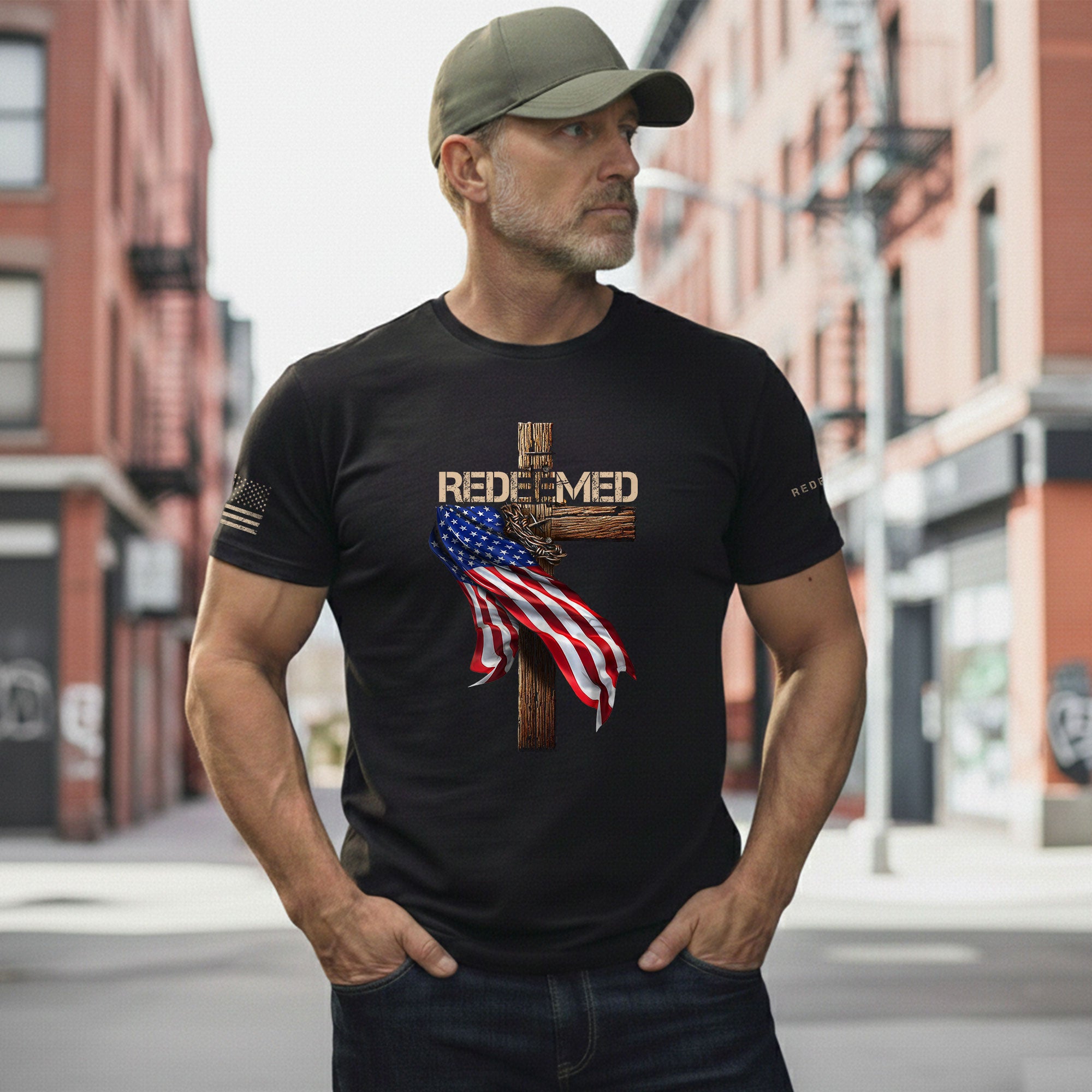 Redeemed by Christ American Flag Cross - Christian Shirts for Men, Faith Based Christian Tee Shirts - Rust Field Wear