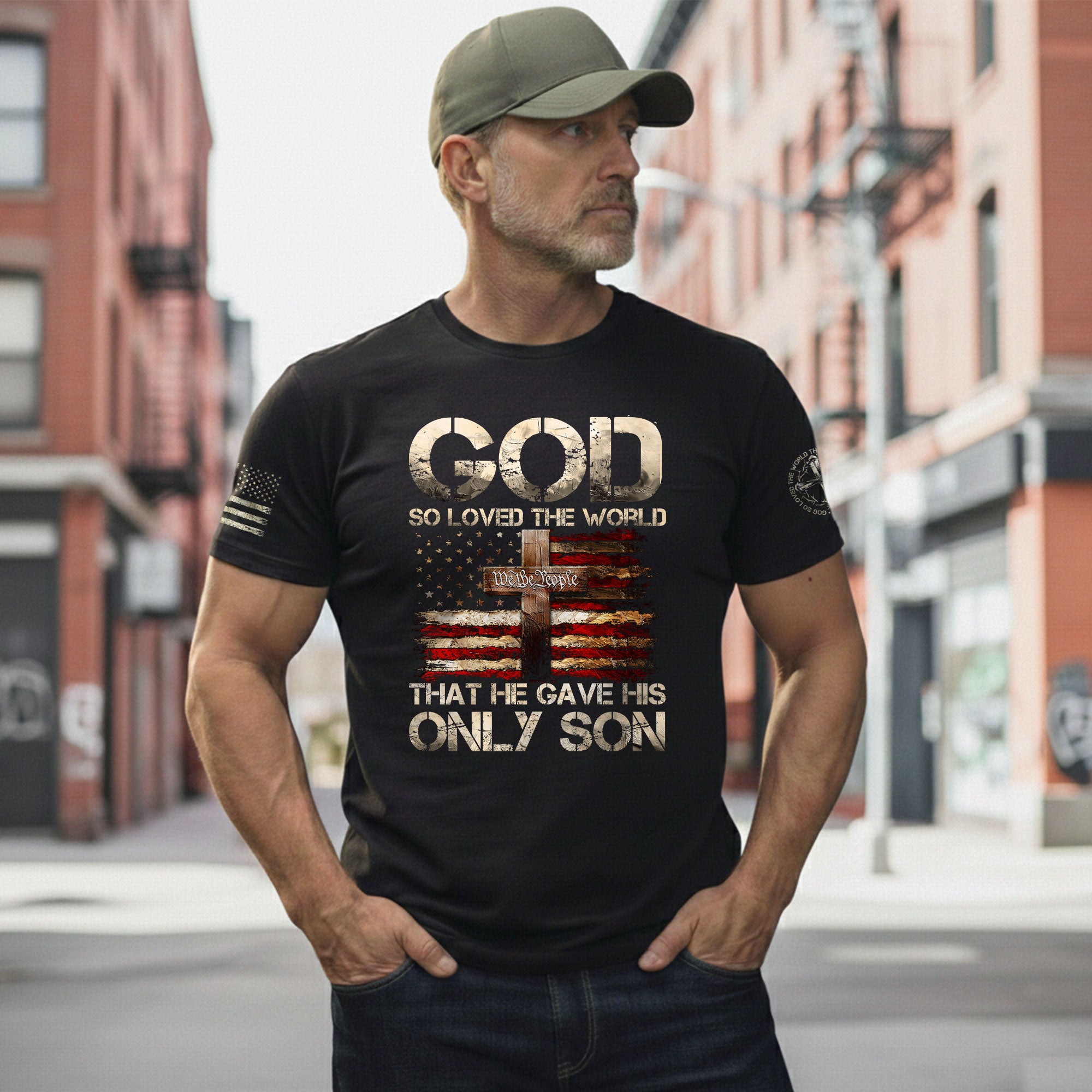 God So Loved The World Only Son Cross and Flag, Christian Tee Shirts - Faith Shirts for Men - Rust Field Wear