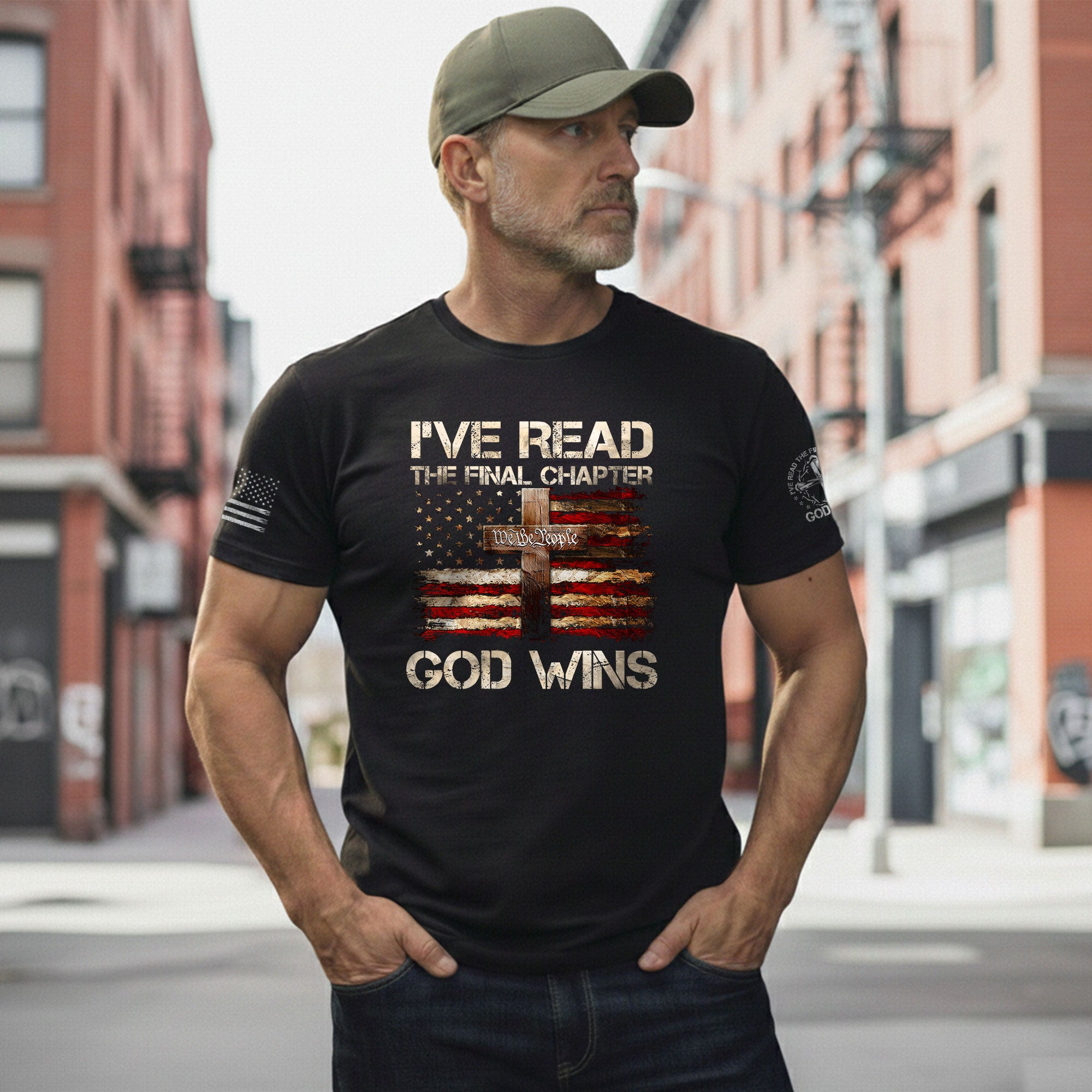 Christian Tee Shirts, God Wins Christian American Flag Cross - Christian Shirts for Men - Rust Field Wear