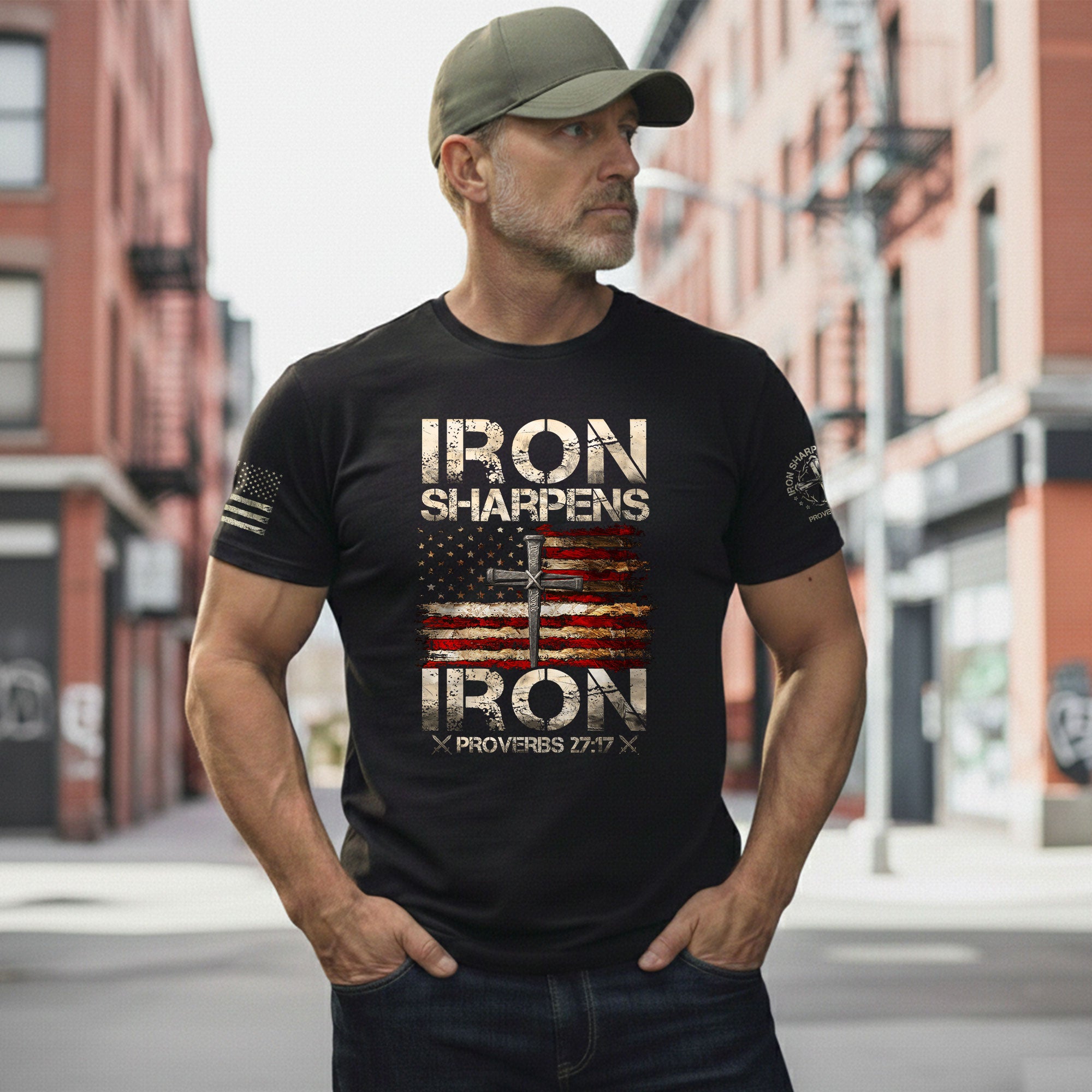 Iron Sharpens Iron Proverbs 27:17 Patriotic Christian - Christian Shirts for Men, Faith Based Christian Tee Shirts - Rust Field Wear