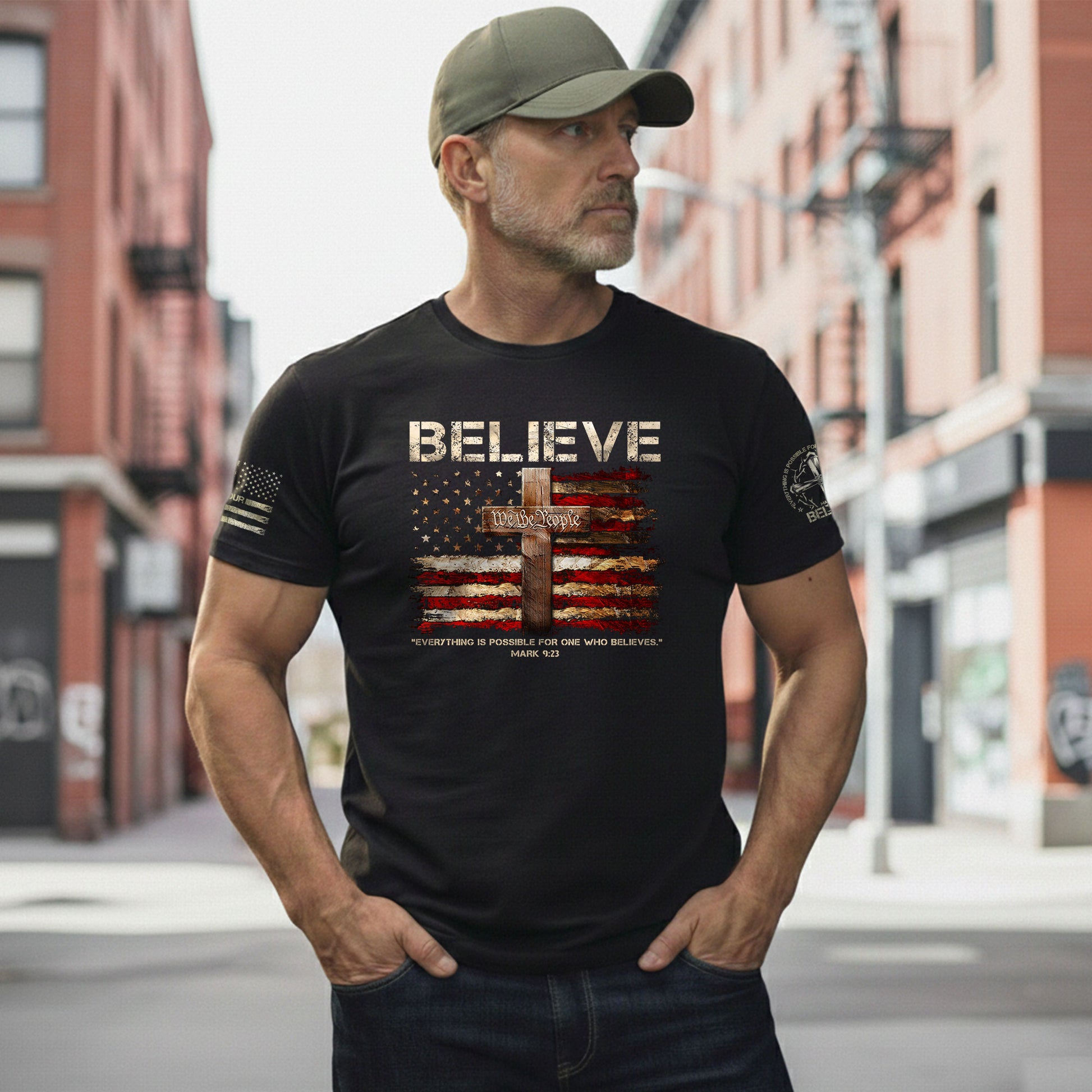 BELIEVE Faith in Action, Powered by Mark 9:23 - Christian Tee Shirts, Christian Shirts for Men - Rust Field Wear