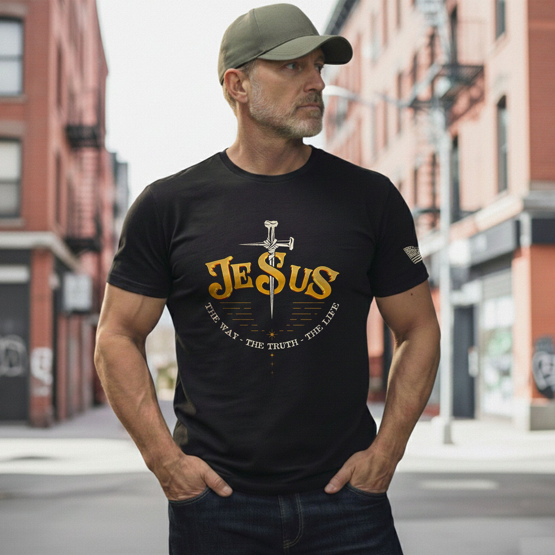 Faith Based Christian Tee Shirts, Forged in Faith JESUS Sword Bold - Christian Shirts for Men - Rust Field Wear