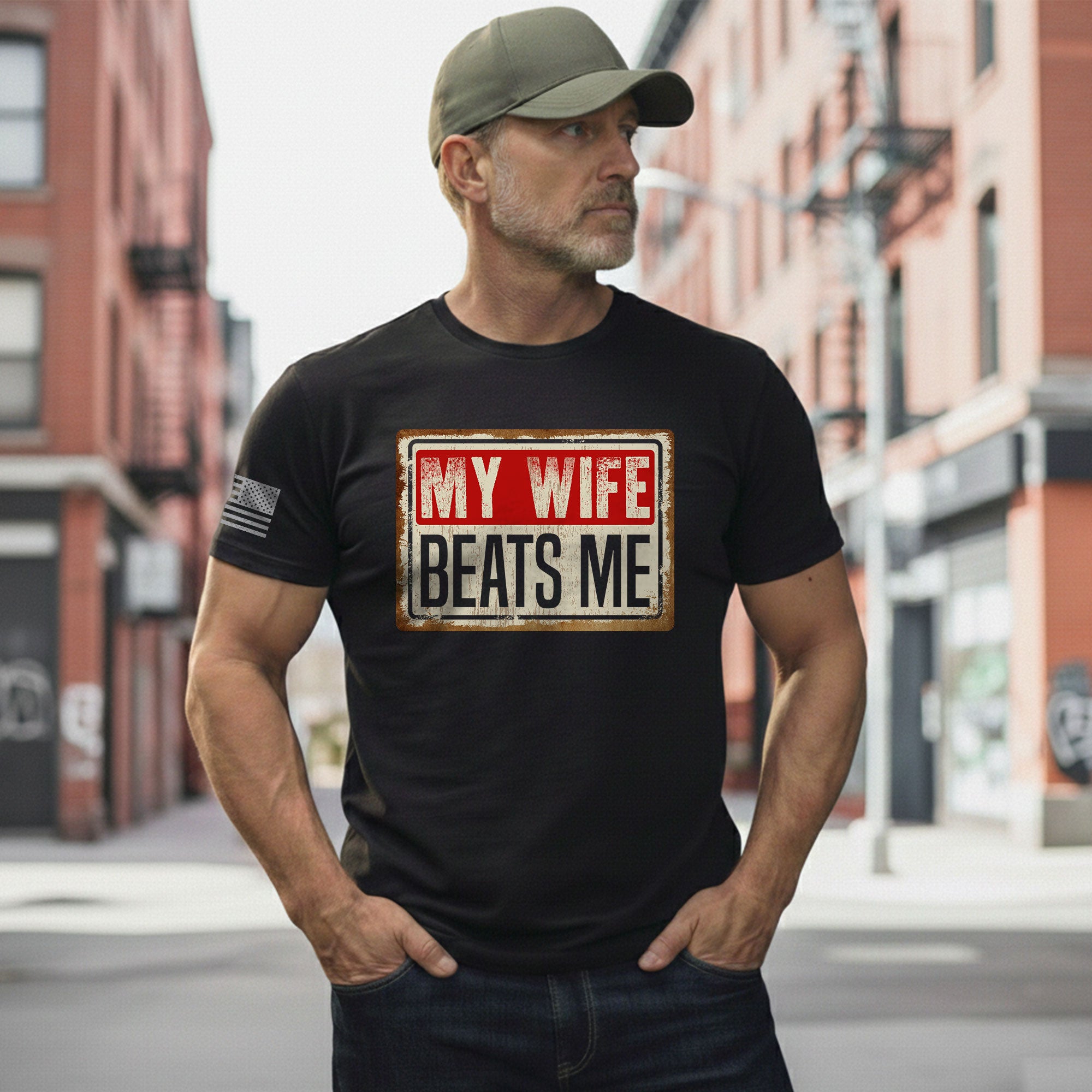 Funny Metal Sign Quote My Wife Beats Me Men Vintage Graphic Shirt Casual Novelty