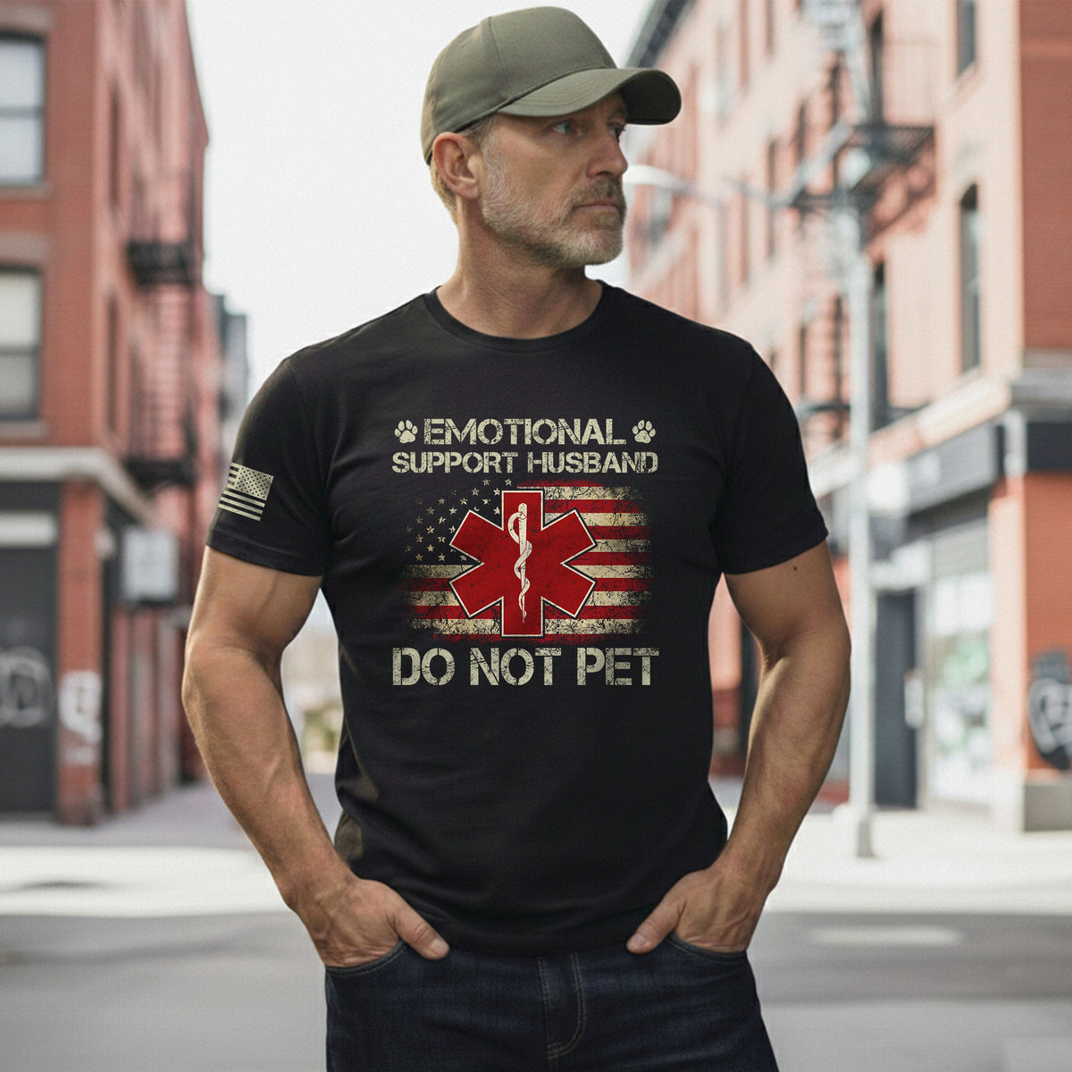 Funny Emotional Support Husband Flag Graphic Tee Shirt Casual Apparel Top Clothing