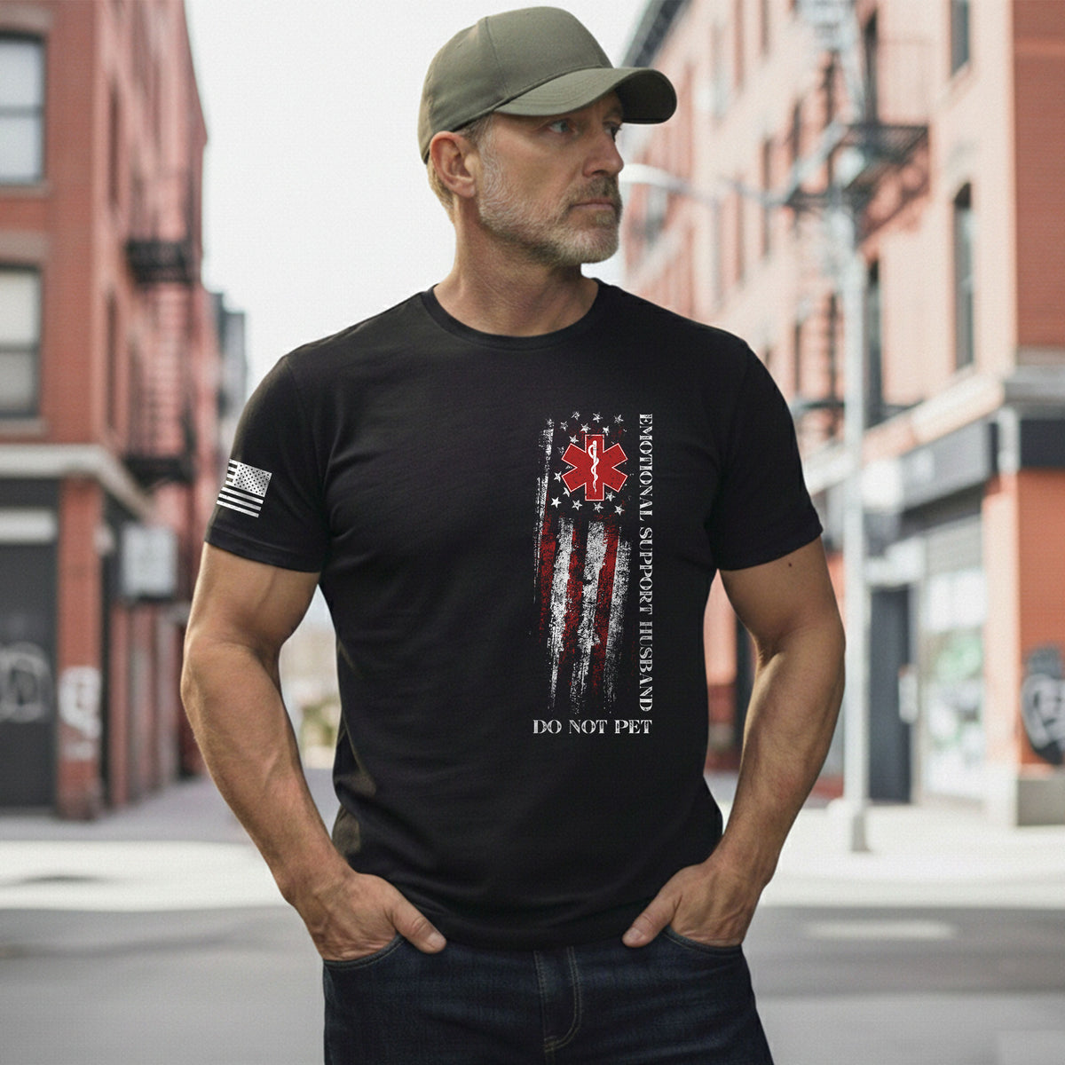 Funny Vertical Emotional Support Husband Flag Graphic Tee Shirt Casual Apparel Top