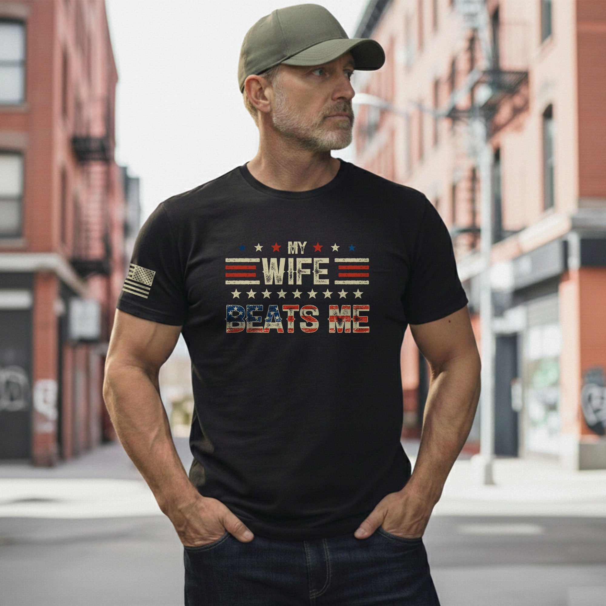 My Wife Beats Me Funny Joke Quote Men Stars Stripes Graphic Shirt Casual Novelty Tee