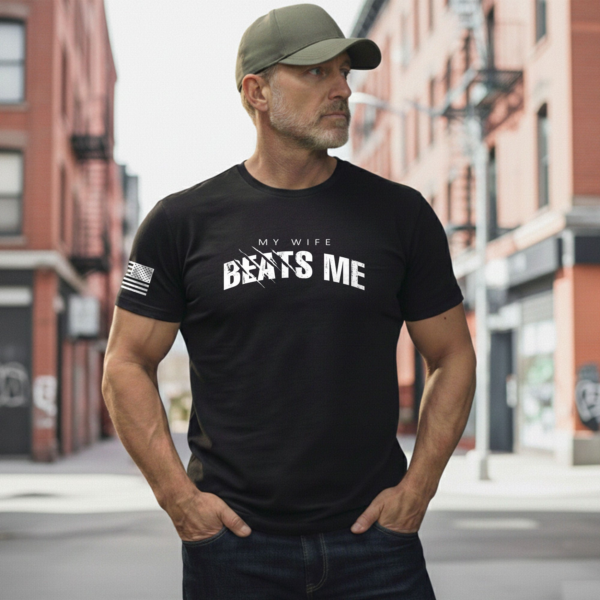My Wife Beats Me Funny Joke Quote Men Distressed Graphic Shirt Casual Novelty Tops