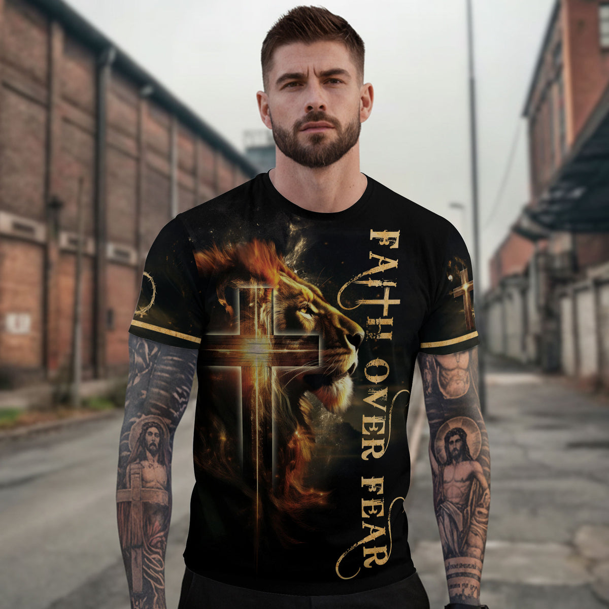 Christian Tee Shirts, Faith Over Fear Lion and Cross - Freedom Shirts for Men, RustField Co - Rust Field Wear