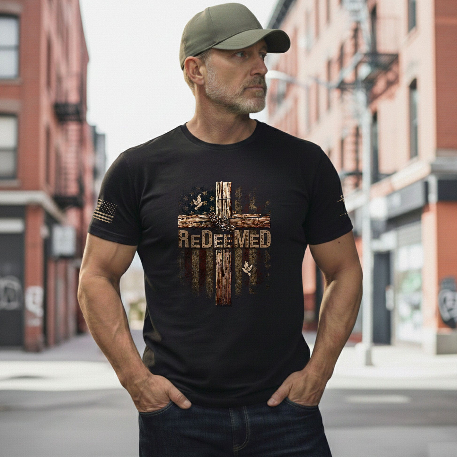 Christian Shirts for Men - ReDeeMed Chains Off, Faith On, Christian Tee Shirts - Rust Field Wear