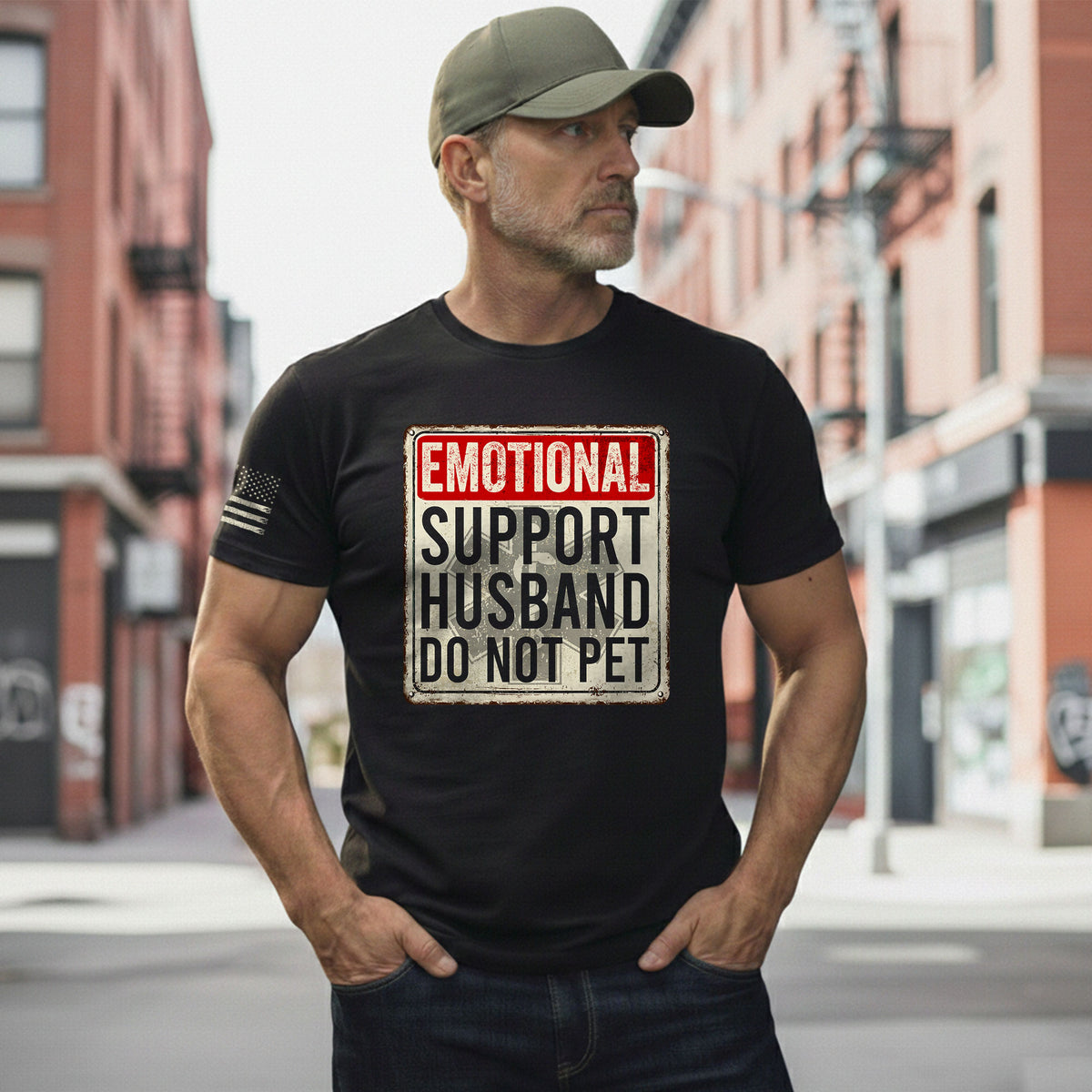 Humorous Emotional Support Husband Do Not Pet Warning Sign Tee Shirt Cotton Apparel