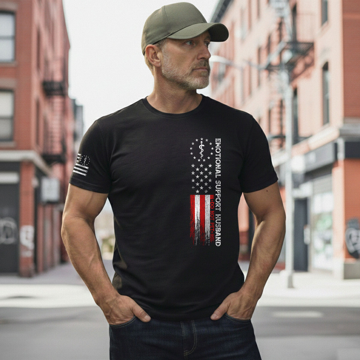 Comic Emotional Support Husband Do Not Pet Vertical Flag Tee Shirt Cotton Apparel