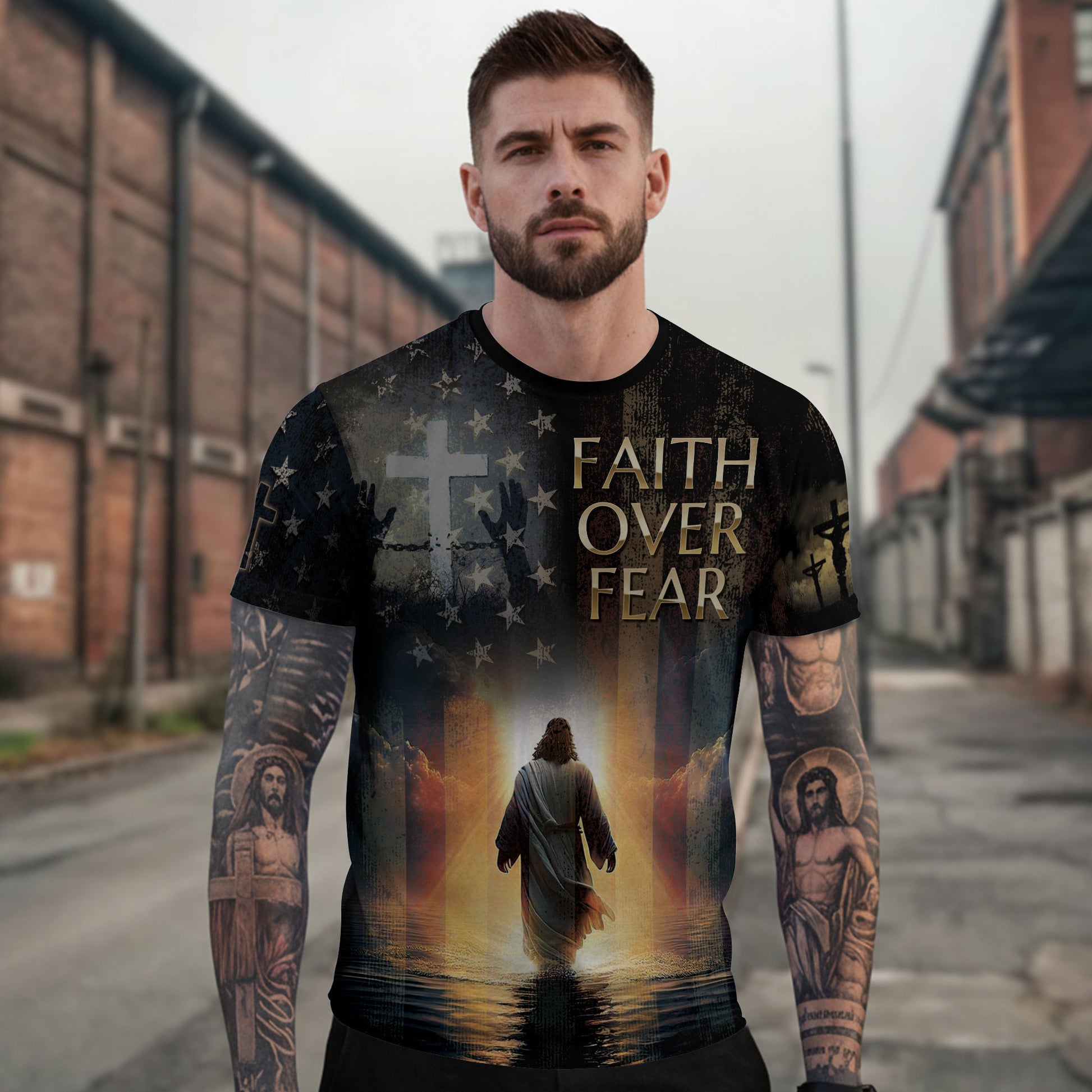Christian Tee Shirts, Faith Over Fear Jesus Walks On Water Patriotic - Freedom Shirts for Men, RustField Co - Rust Field Wear