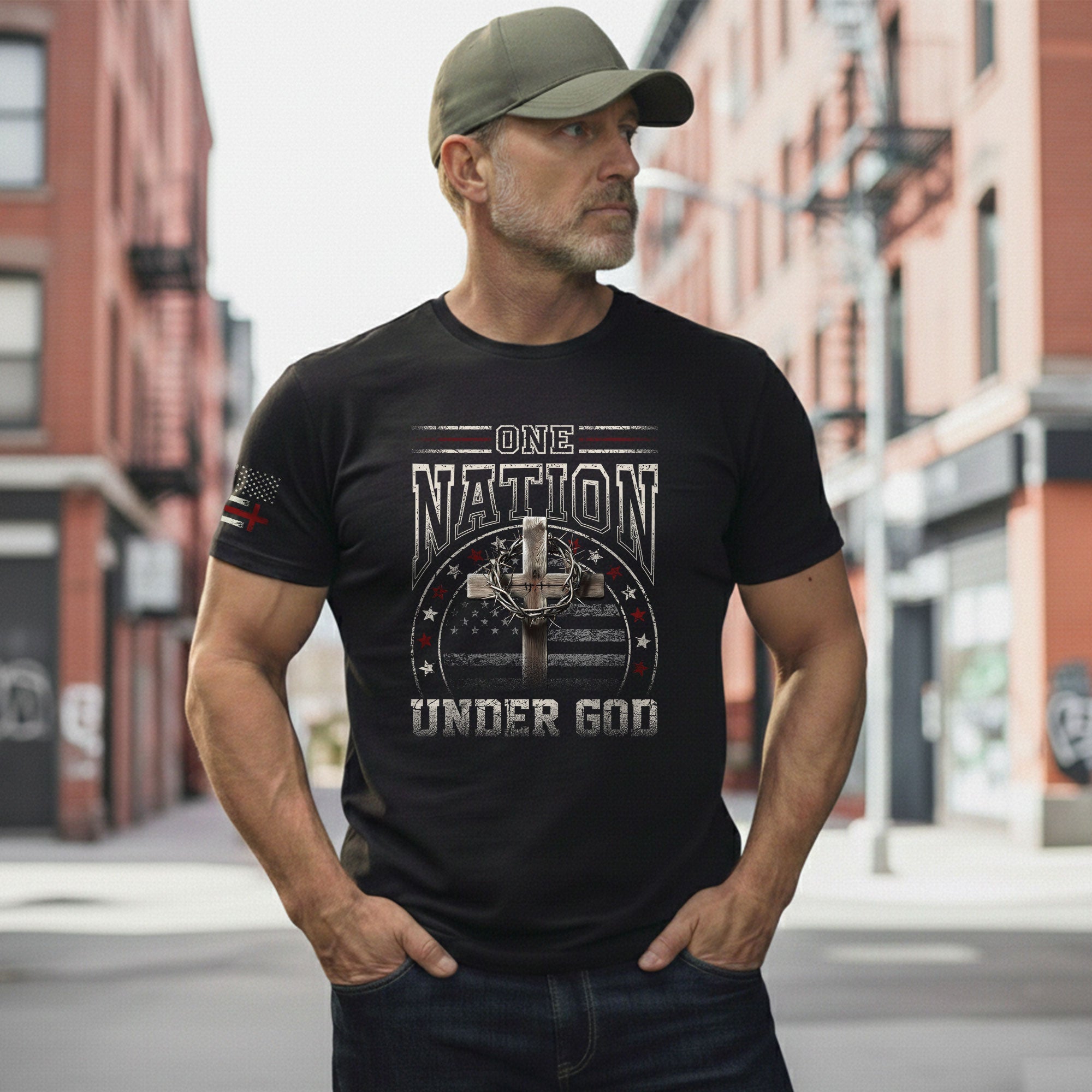 Christian Shirts for Men - One Nation Under God Cross and American Flag, Christian Tee Shirts - Rust Field Wear