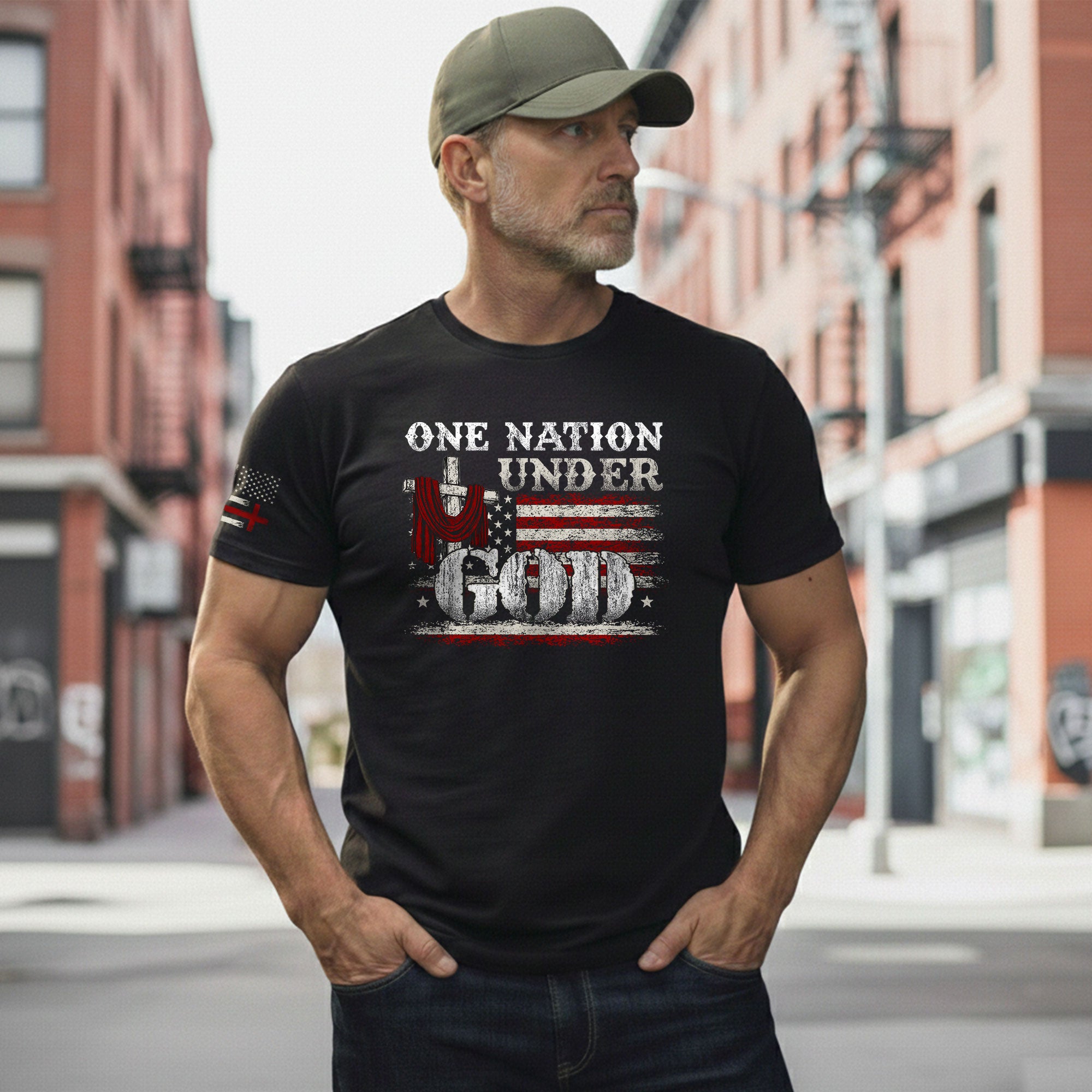 One Nation Under God Cross and American Flag, Christian Shirts for Men - Christian Tee Shirts - Rust Field Wear