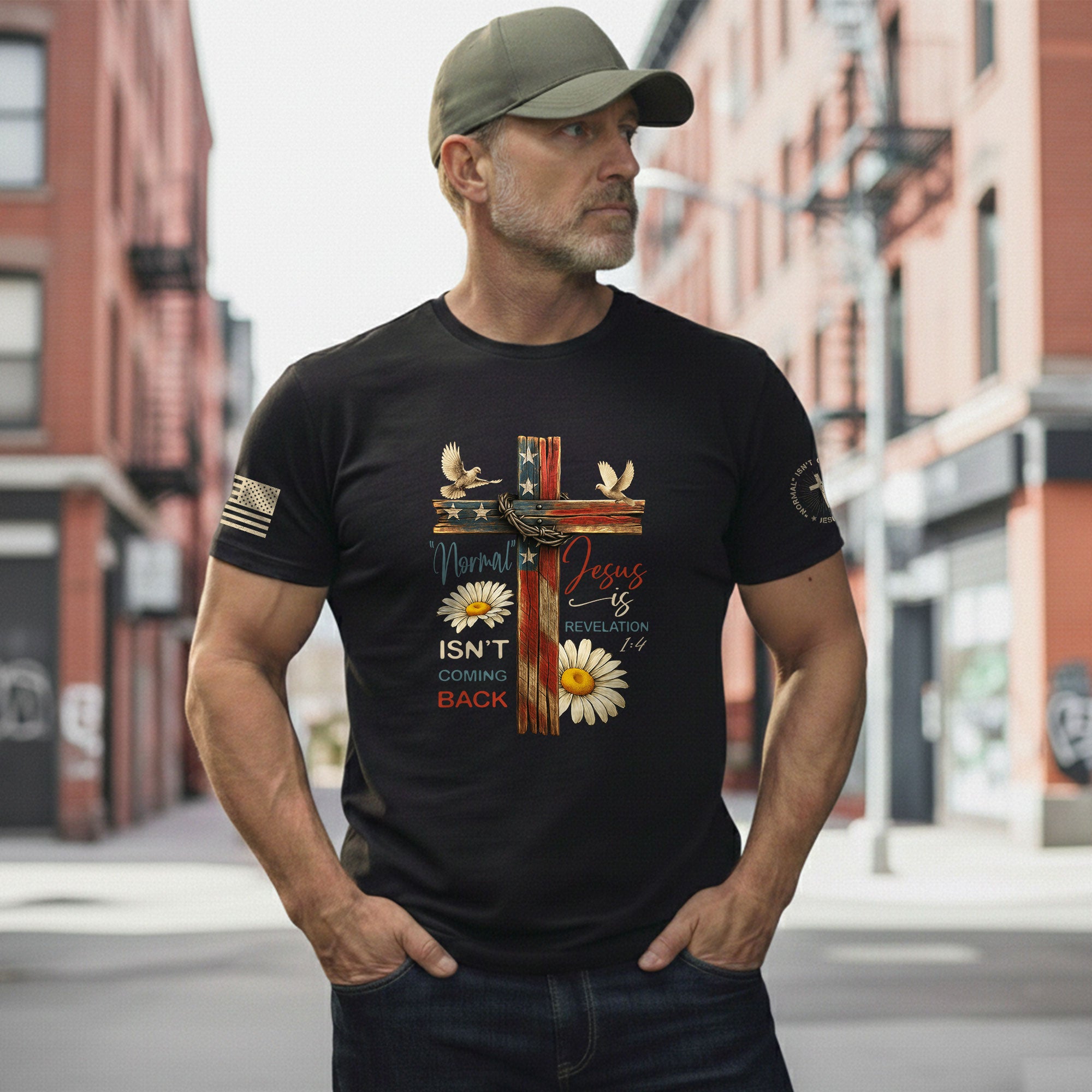 Normal Isn’t Coming Back Jesus Is , Revelation 1:4 Floral USA Flag Cross - Christian Tee Shirts, Christian Shirts for Men - Rust Field Wear