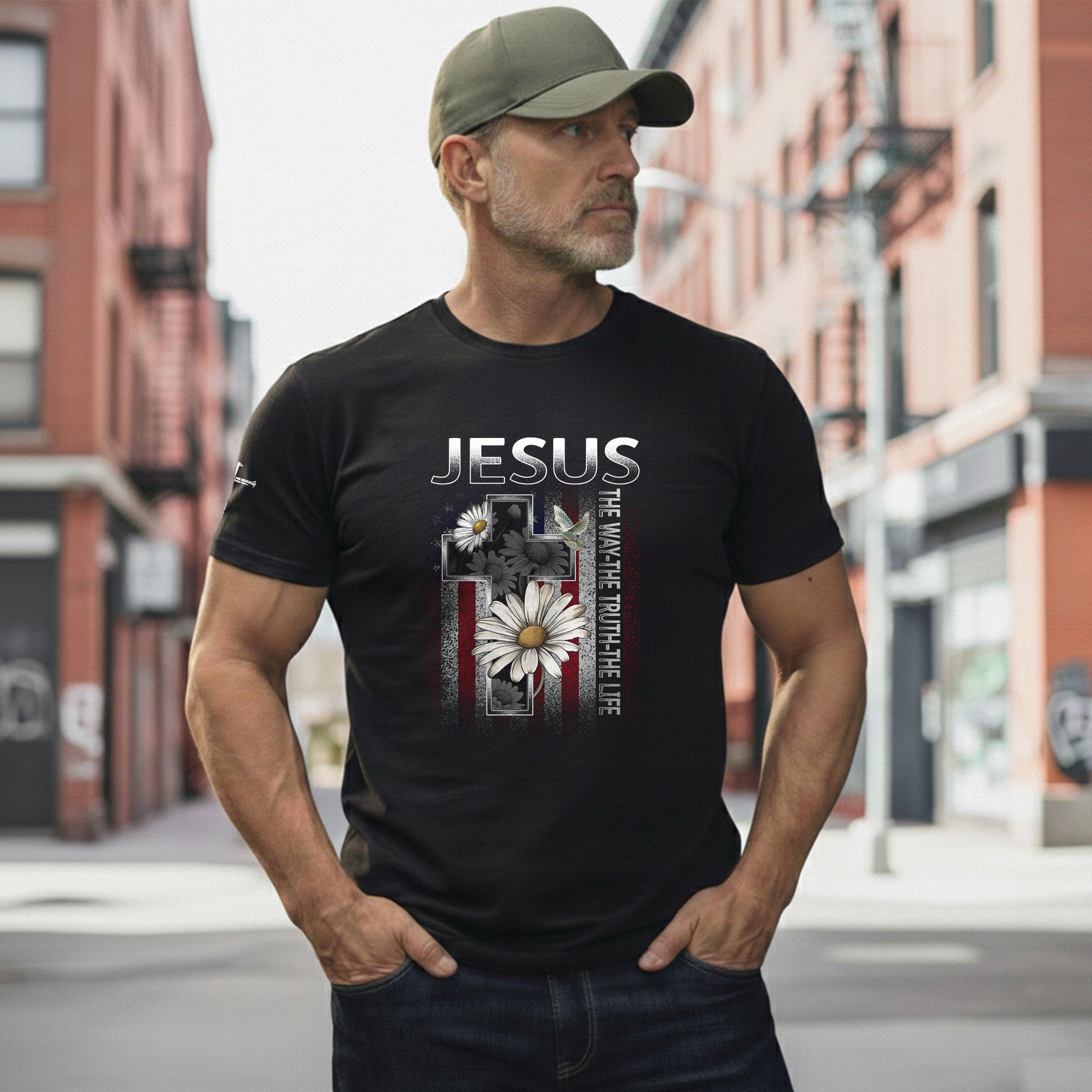 Christian Shirts for Men, Jesus The Way The Truth The Life Floral Cross USA Flag Christian - Christian Tee Shirts - Rust Field Wear