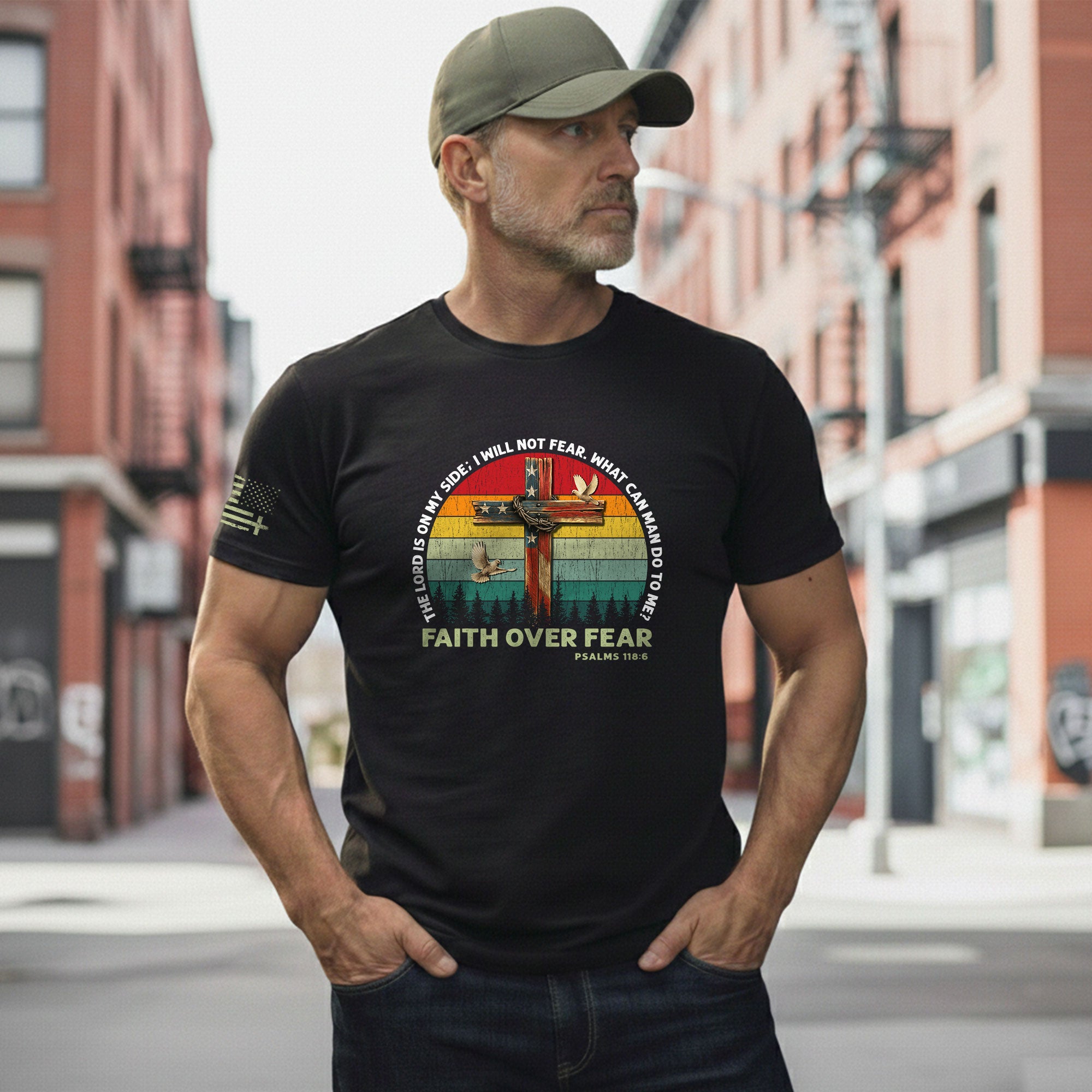 Faith Over Fear Psalm 118:6 Cross and Flag Christian Vintage, Christian Shirts for Men - Christian Tee Shirts - Rust Field Wear