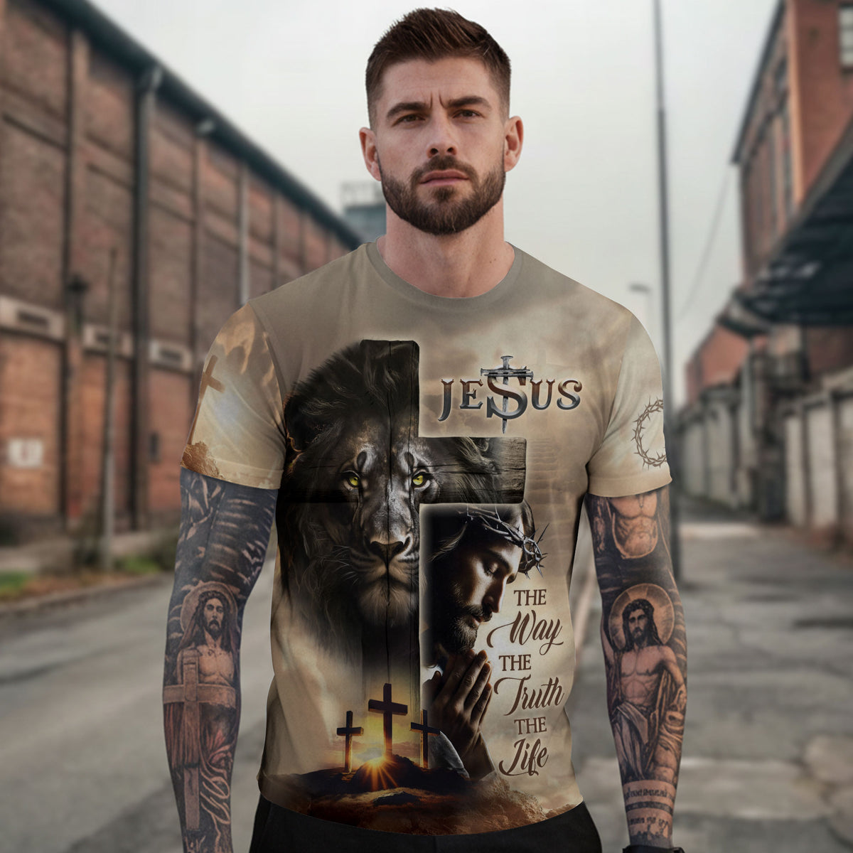 RustField Co Christian Tee Shirts - Lion Cross Resurrection, Freedom Shirts for Men - Rust Field Wear