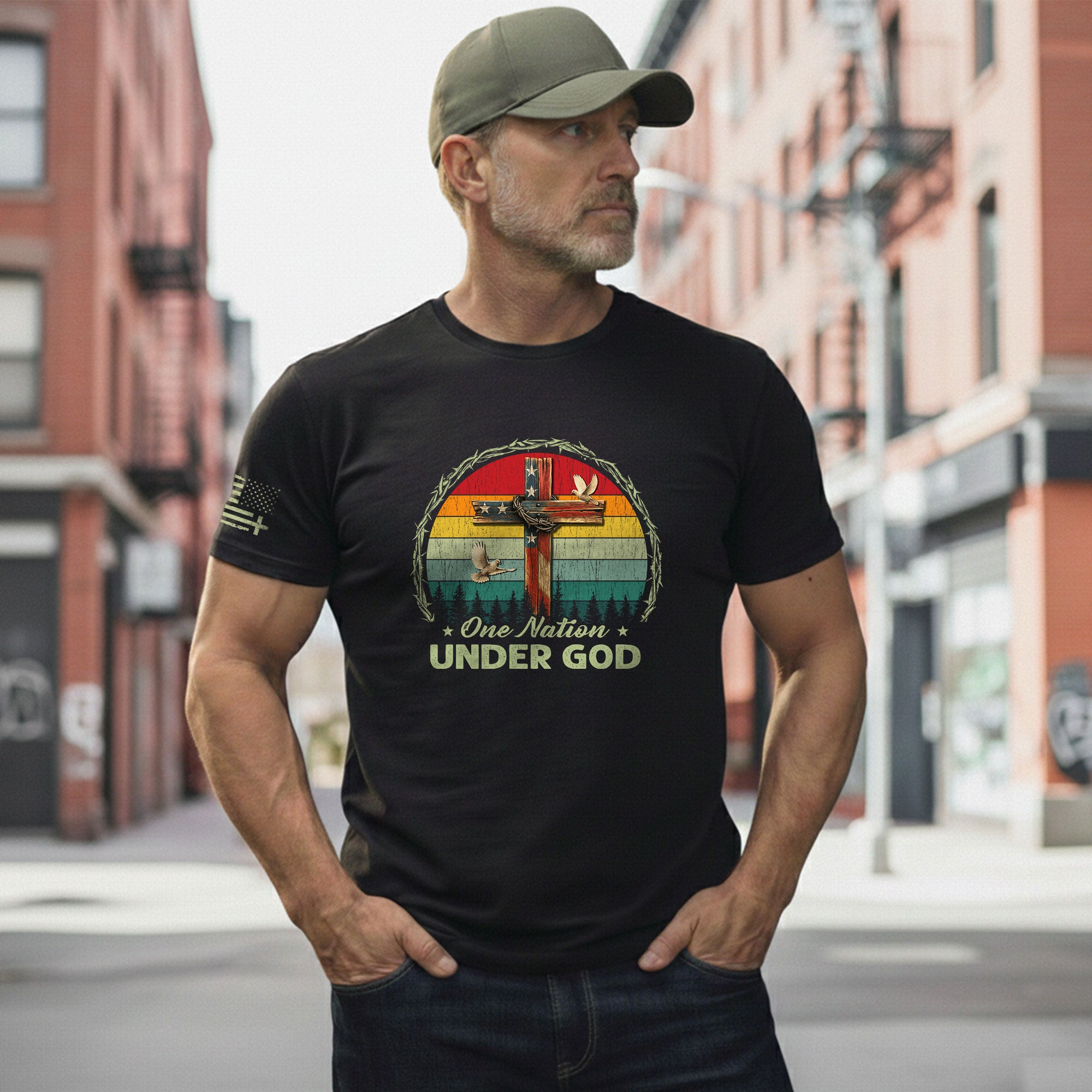 Christian Shirts for Men, One Nation Under God Retro Sunset Cross - Christian Tee Shirts - Rust Field Wear
