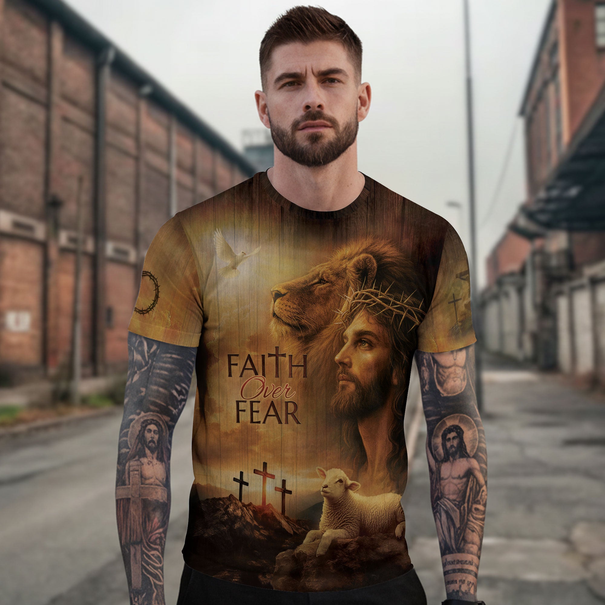 Christian Tee Shirts for Men - Faith Over Fear Lion Jesus and Lamb, RustField Co Freedom Shirts - Rust Field Wear