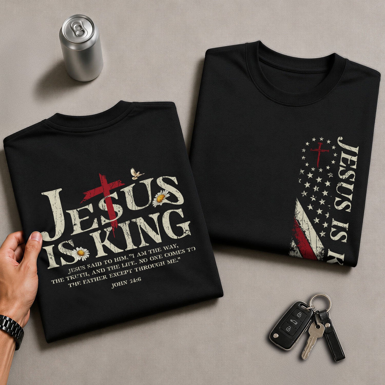 Christian Shirts for Men - Jesus Is King , Christian Cross and American Flag, Christian Tee Shirts - Rust Field Wear