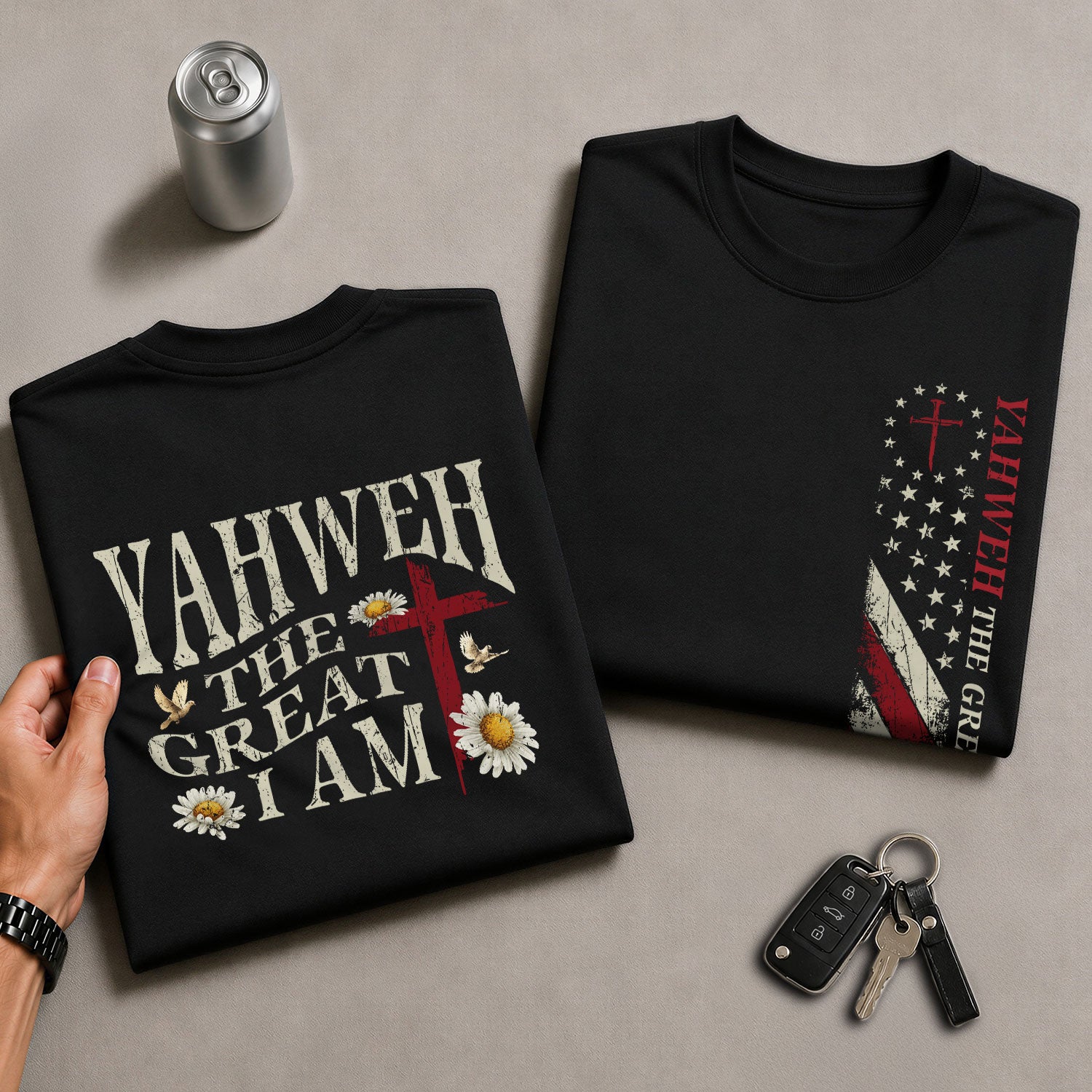 Yahweh The Great I Am , Christian Cross and American Flag, Christian Shirts for Men - Christian Tee Shirts - Rust Field Wear