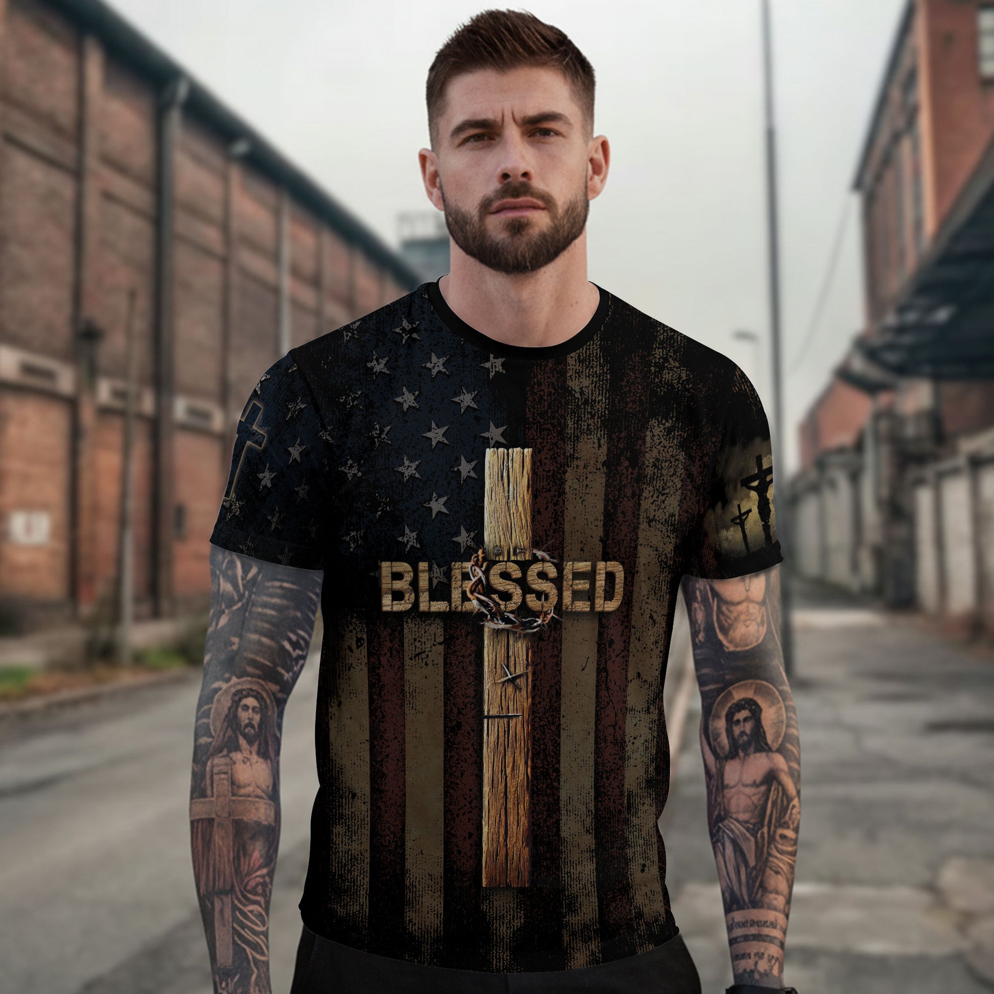 Christian Tee Shirts, BLESSED Cross and Crown of Thorns Patriotic - Freedom Shirts for Men, RustField Co - Rust Field Wear