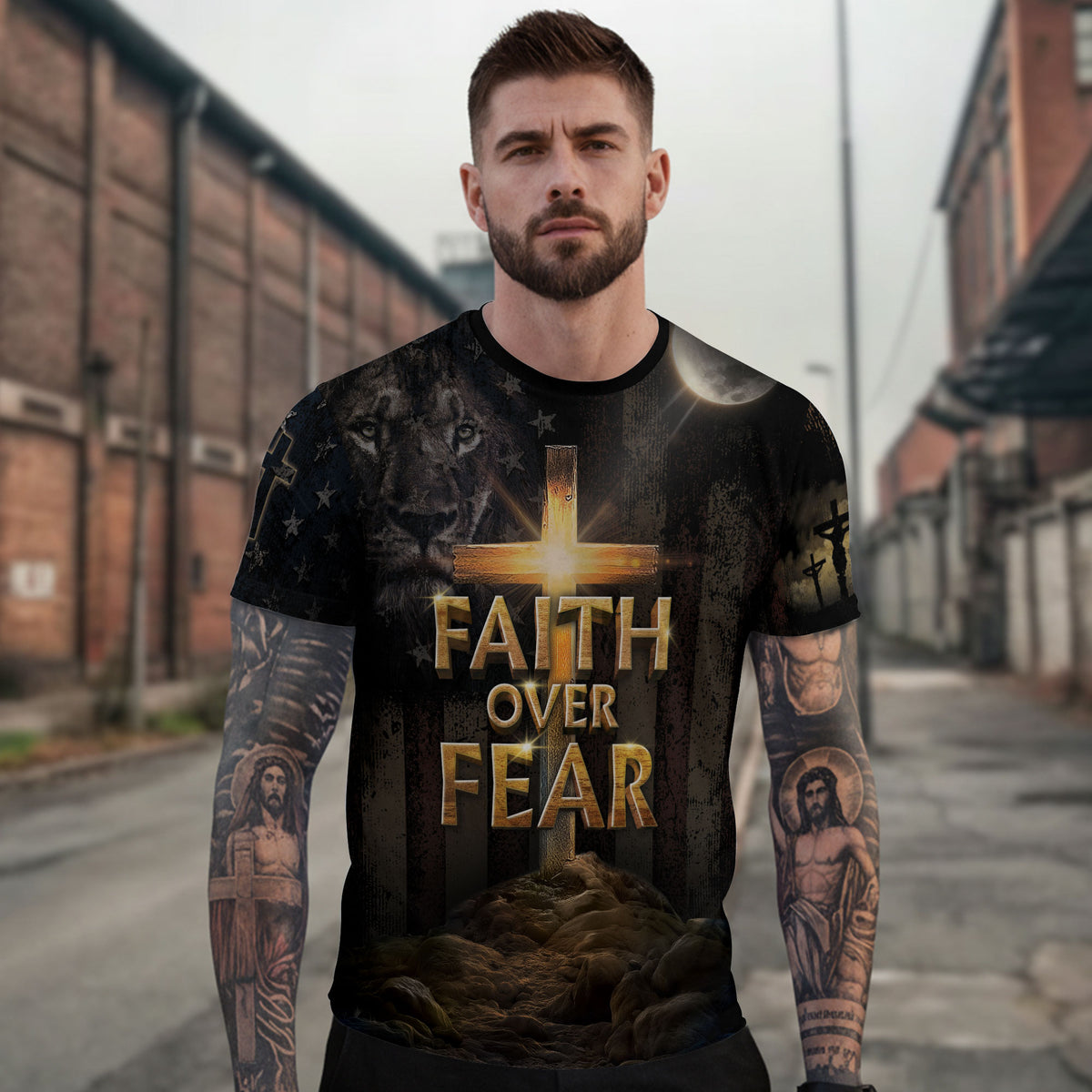 RustField Co Freedom Shirts - Faith Over Fear Cross of Light and Warrior Lion, Christian Tee Shirts for Men - Rust Field Wear