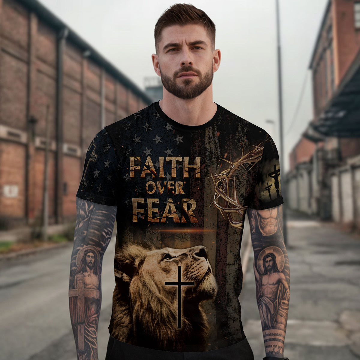 Faith Over Fear Rugged Cross and Warrior Lion Patriotic Christian Tee Shirts - Freedom Shirts for Men, RustField Co - Rust Field Wear