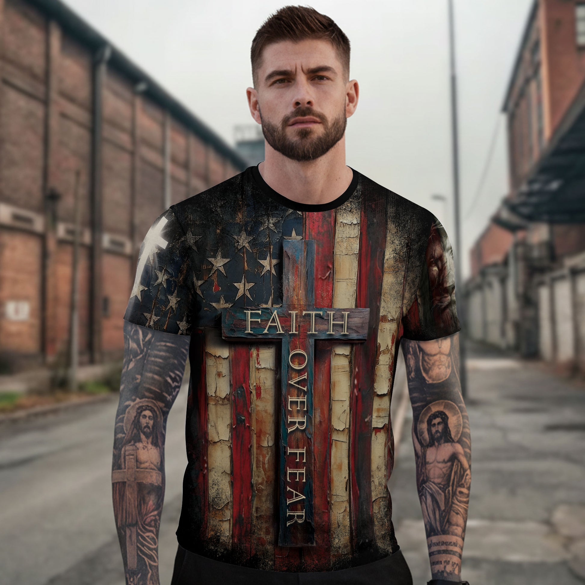 Christian Tee Shirts for Men - Faith Over Fear Cross Rustic American Flag, RustField Co Freedom Shirts - Rust Field Wear