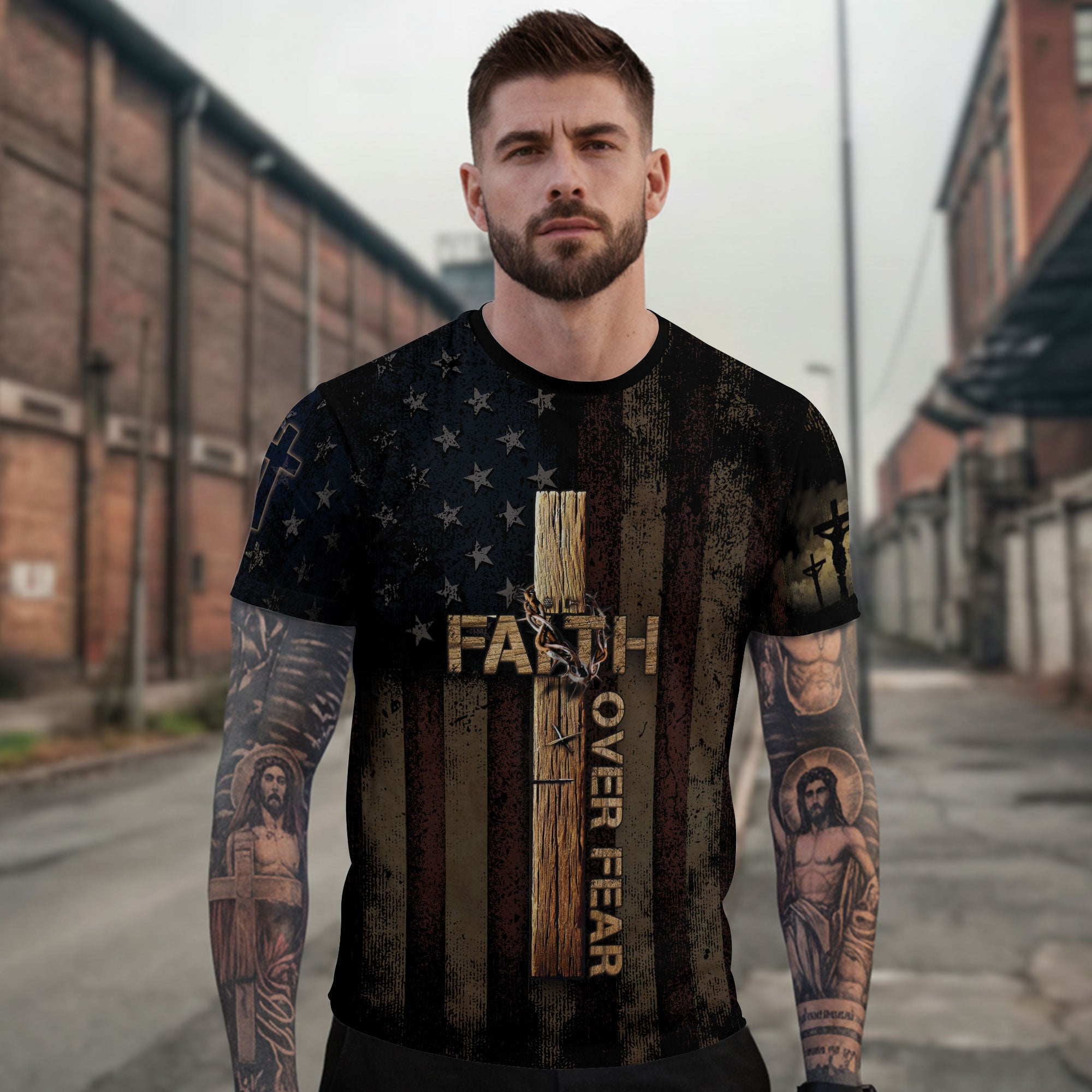 FAITH OVER FEAR Cross and Crown of Thorns Patriotic - Christian Tee Shirts for Men, Freedom Shirts, RustField Co - Rust Field Wear