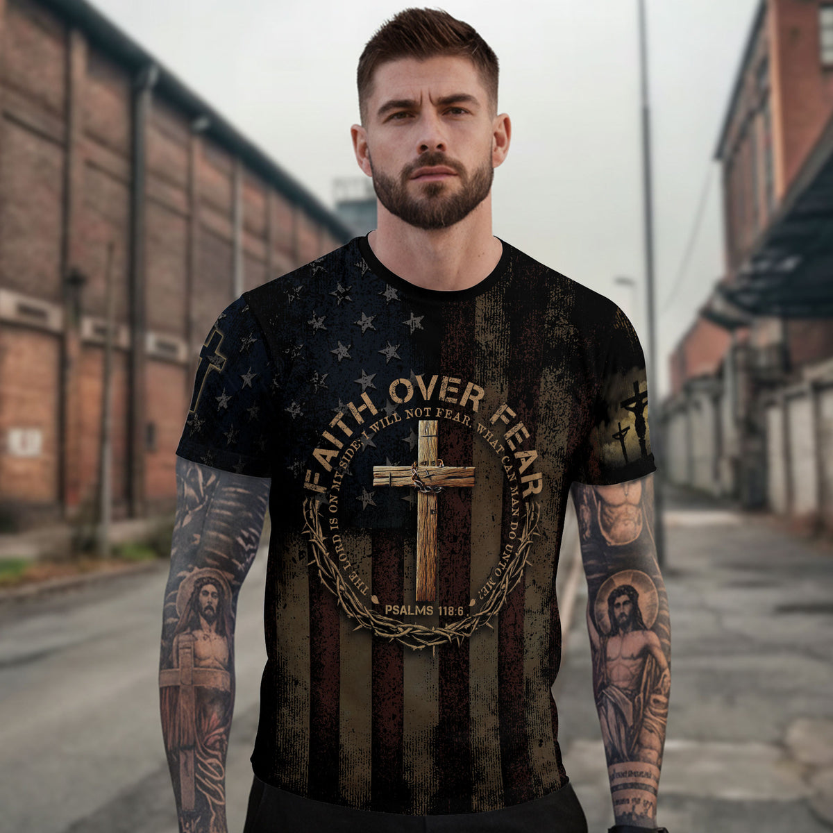Freedom Shirts - FAITH OVER FEAR Psalms 118 6 Cross and Crown Patriotic, Christian Tee Shirts for Men, RustField Co - Rust Field Wear