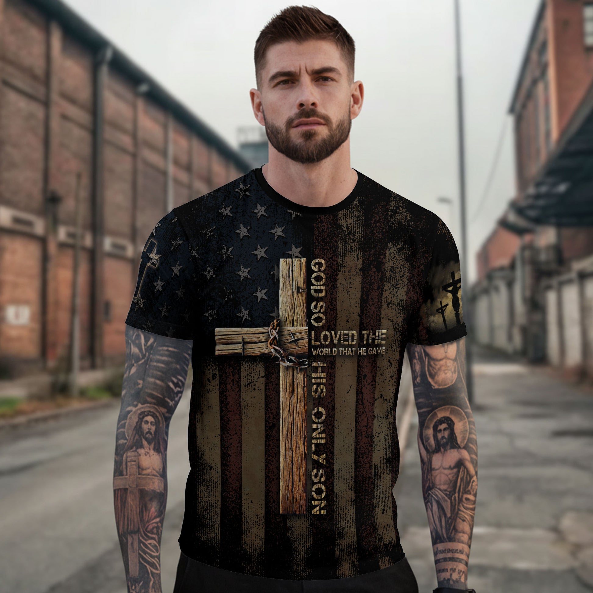 God So Loved The World John 3 16 Cross and Crown Patriotic - RustField Co Freedom Shirts, Christian Tee Shirts for Men - Rust Field Wear