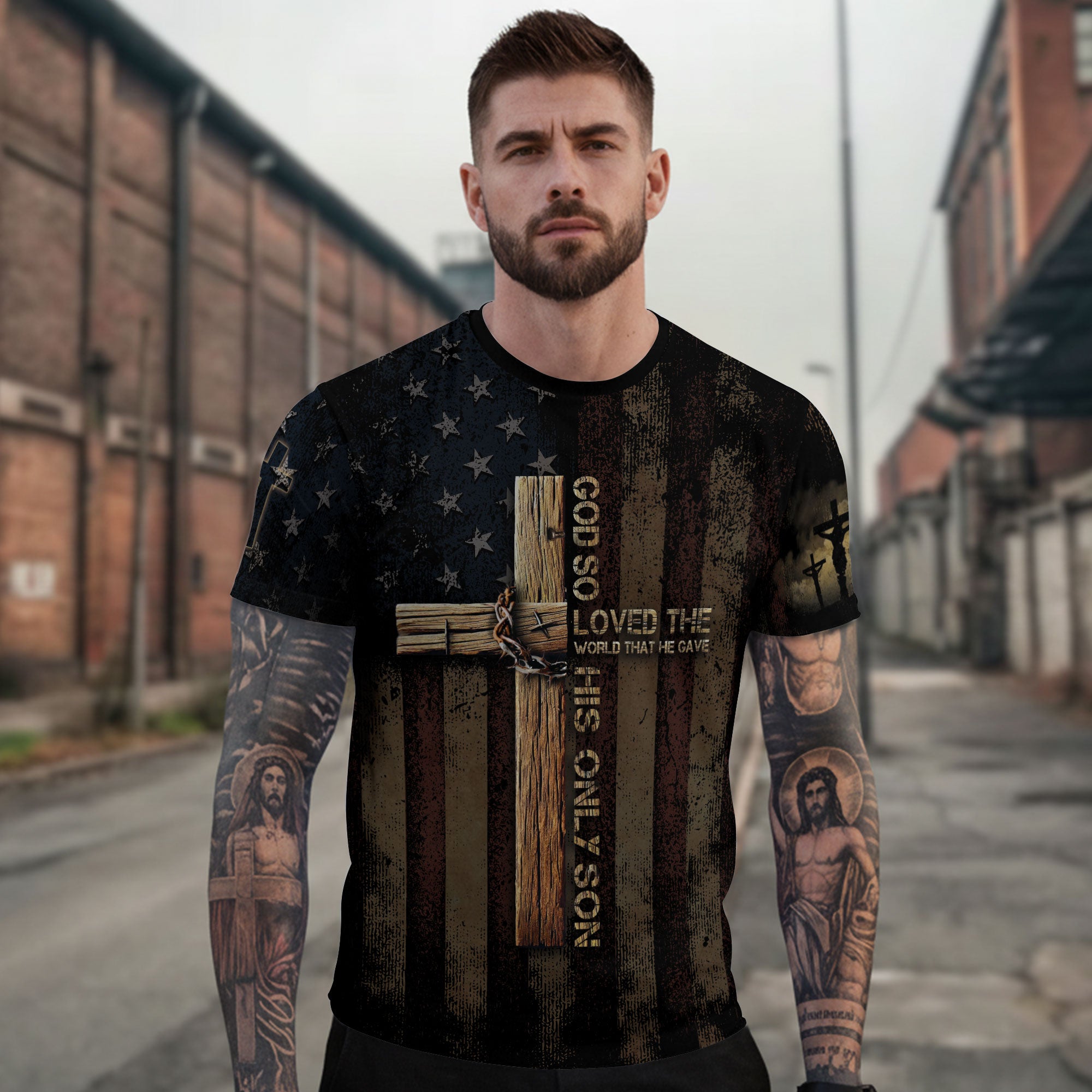God So Loved The World John 3 16 Cross and Crown Patriotic - RustField Co Freedom Shirts, Christian Tee Shirts for Men - Rust Field Wear