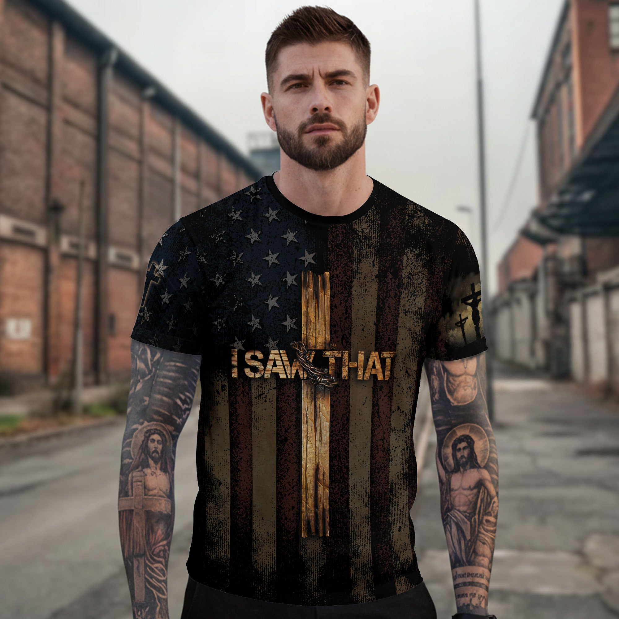Christian Tee Shirts for Men, RustField Co - I SAW THAT Cross and Crown of Thorns Patriotic, Freedom Shirts - Rust Field Wear