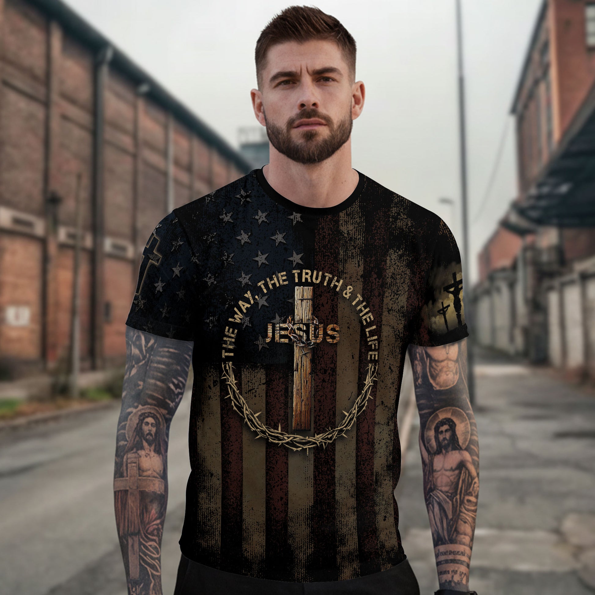 RustField Co Christian Tee Shirts - Jesus The Way The Truth and The Life Crowned Cross Patriotic, Freedom Shirts for Men - Rust Field Wear