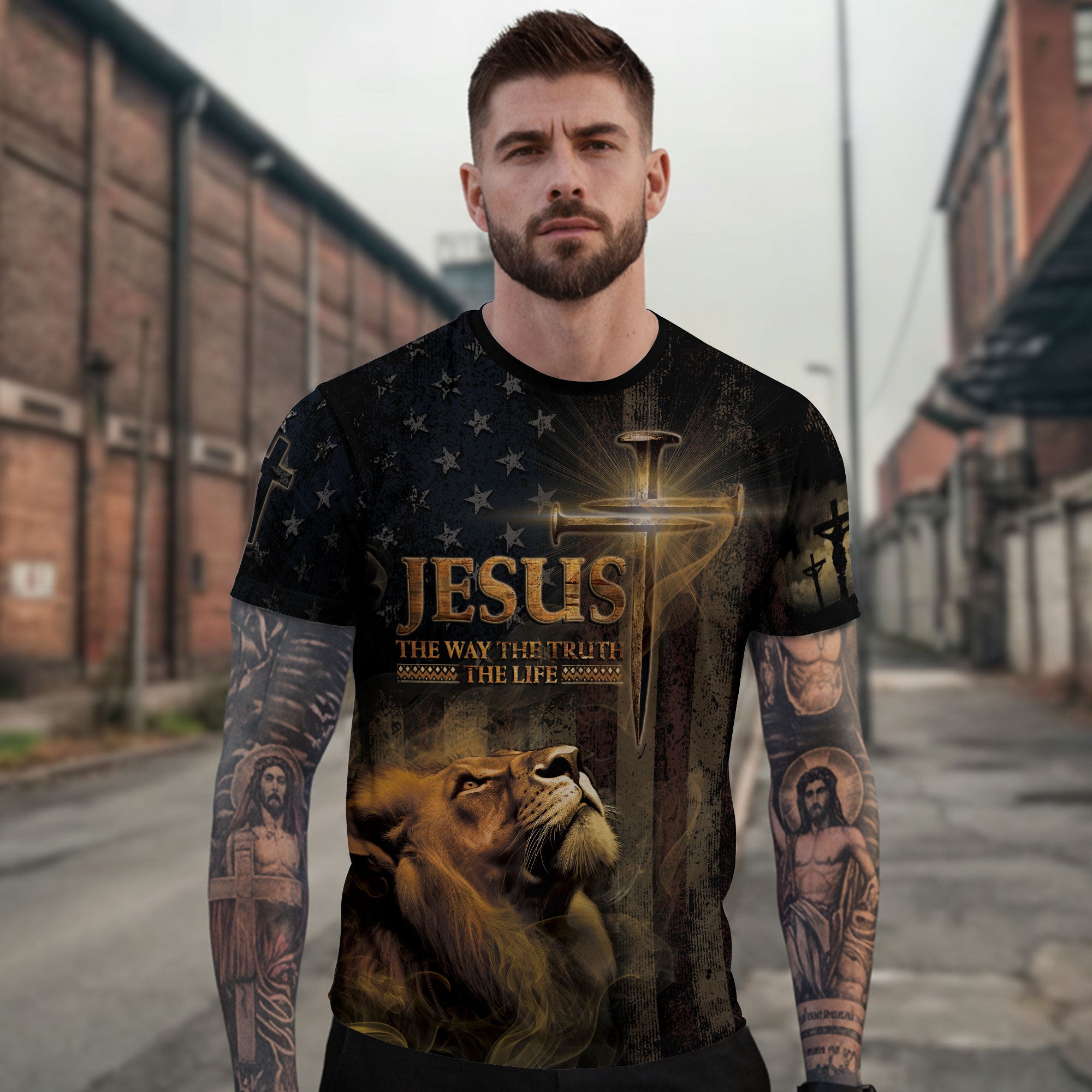 RustField Co Christian Tee Shirts - Jesus Truth and Freedom Lion Flag and Cross Patriotic Wear, Freedom Shirts for Men - Rust Field Wear